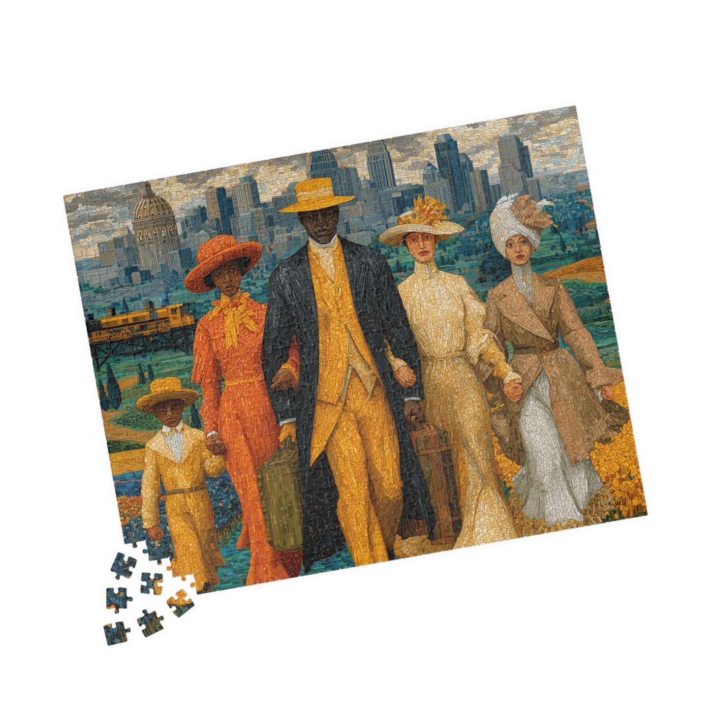 Afrocentric Jigsaw Puzzle - African American Migration Scene with Families, Fields & Urban Background 520 pcs (Horizontal) Puzzle The Puzzle Chest
