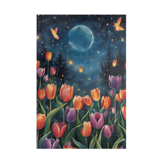 Moonlit Tulip Garden Puzzle, Glowing Tulips and Fireflies Tranquil Night Fantasy 1014 pcs (Vertical) Puzzle The Puzzle Chest