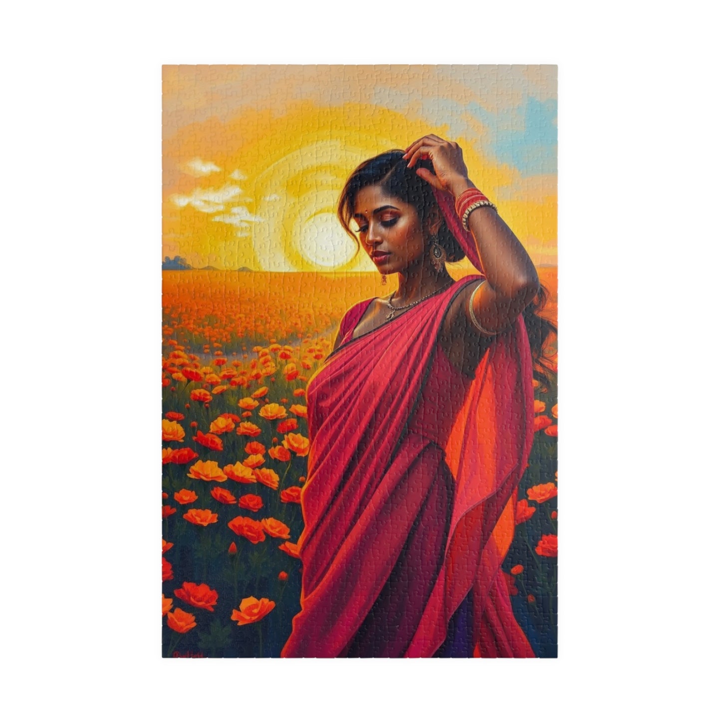 Jigsaw Puzzle, South Asian Woman in Marigold Field Sunset, 110 252 520 1014-Piece, Meditation Relaxation Activity, Mindfulness Gift, Ethnic 1014 pcs (Vertical) Puzzle The Puzzle Chest