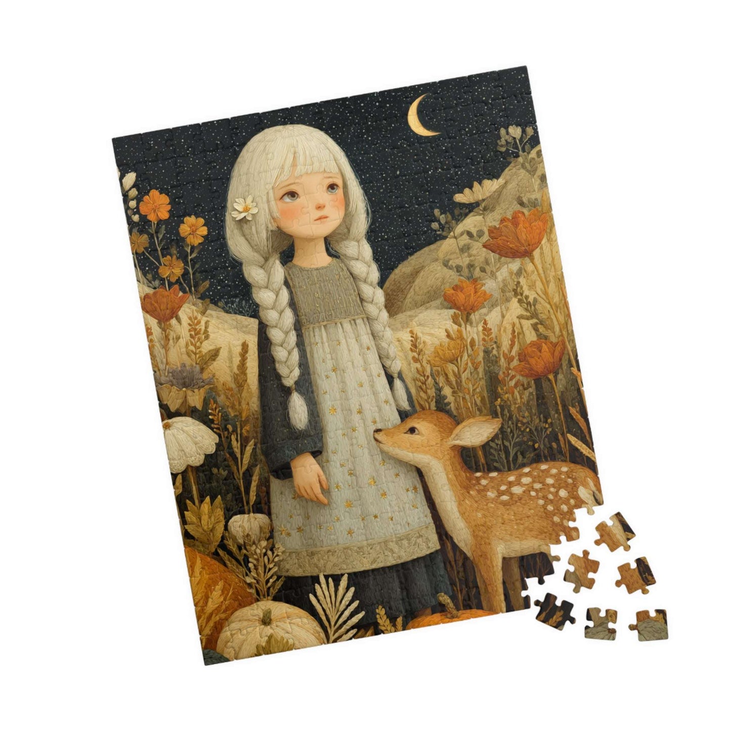 Starlit Meadow Jigsaw Puzzle – Whimsical Autumn Puzzle for Adults, Girl with Fawn Under Starry Sky 252 pcs (Vertical) Puzzle The Puzzle Chest