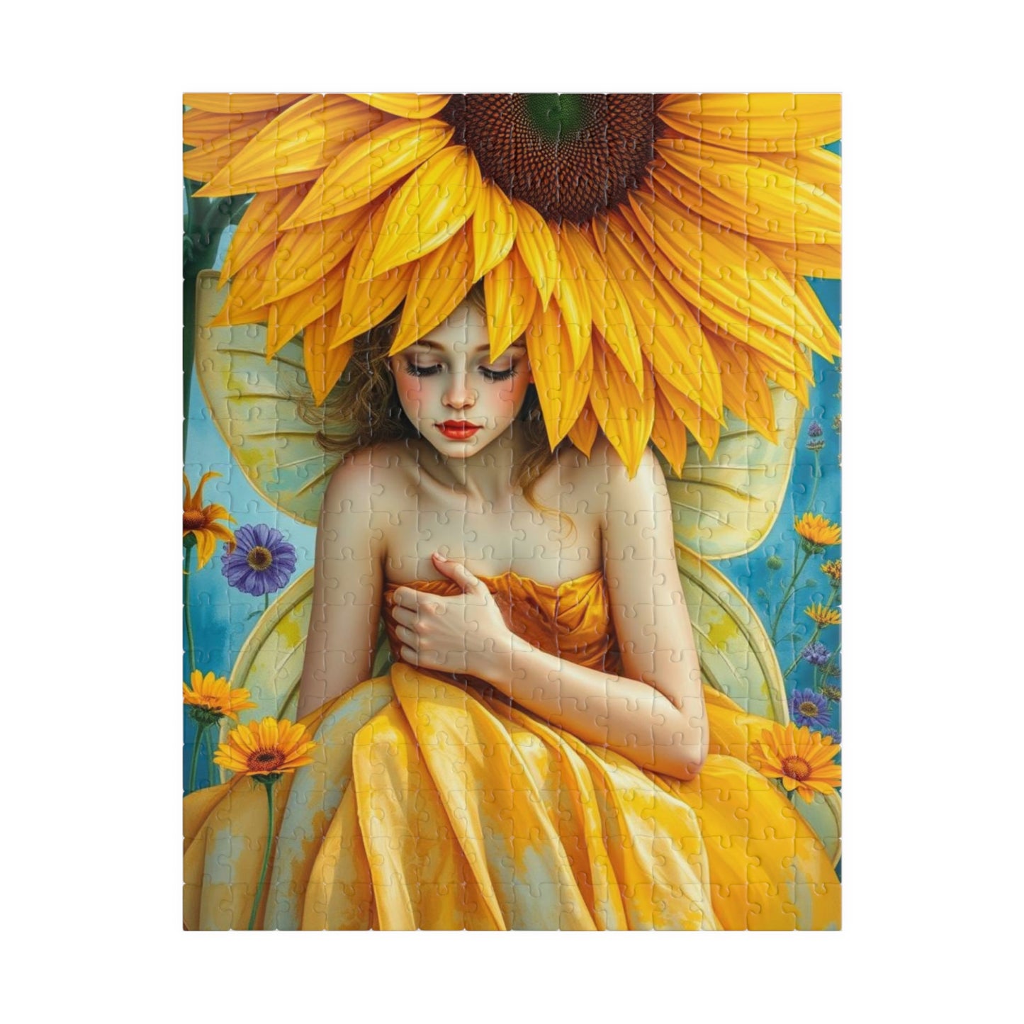 Sunflower Shade Fairy Jigsaw Puzzle, Floral Art Mythical Fantasy Game, Holiday or Birthday Gift for Friend, Decor, Mindfulness Activity