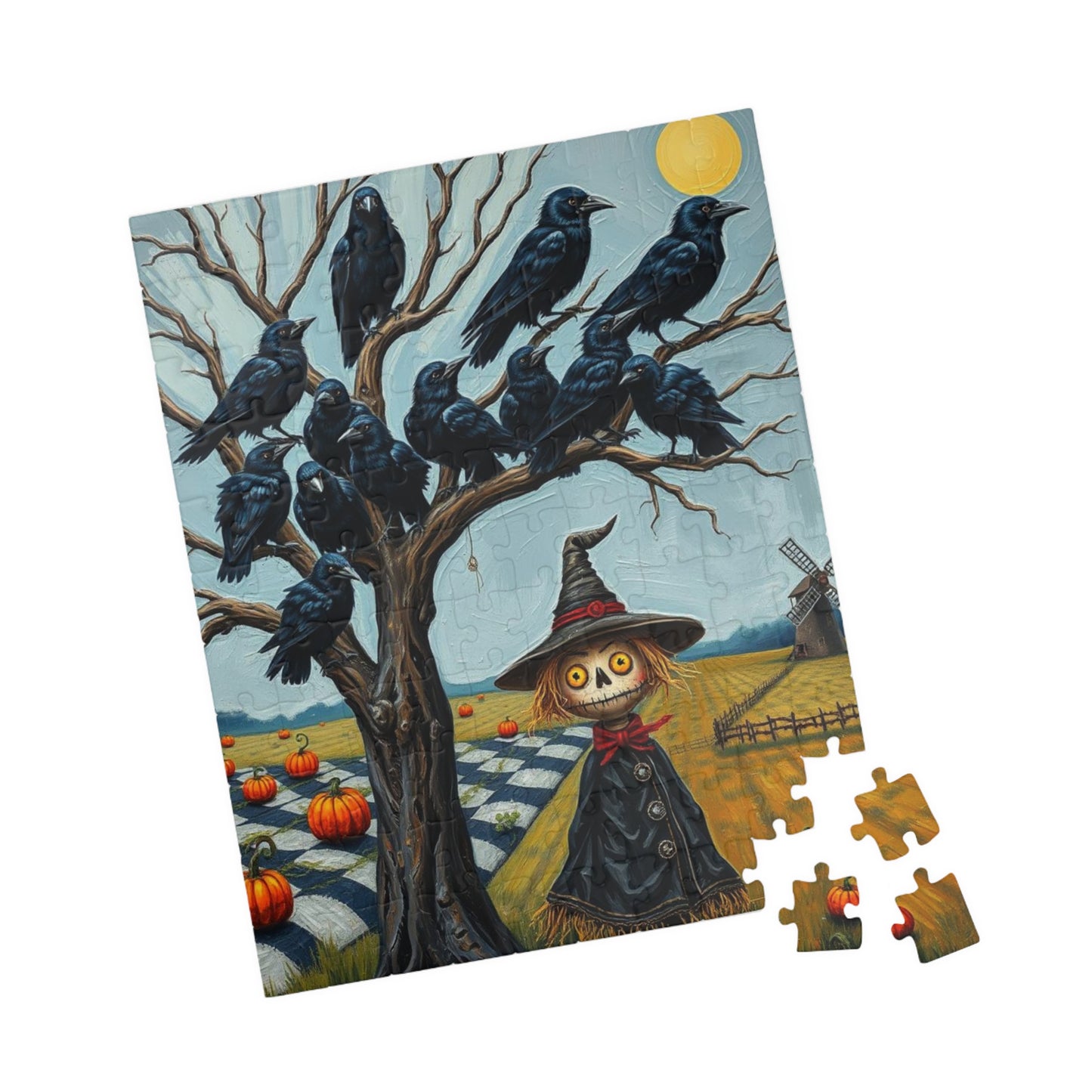 Feathered Frenzy Jigsaw Puzzle - Scarecrow and Crows, Halloween Fun Family or Solo Activity, Fall Holiday Birthday Gift for Puzzle Lover