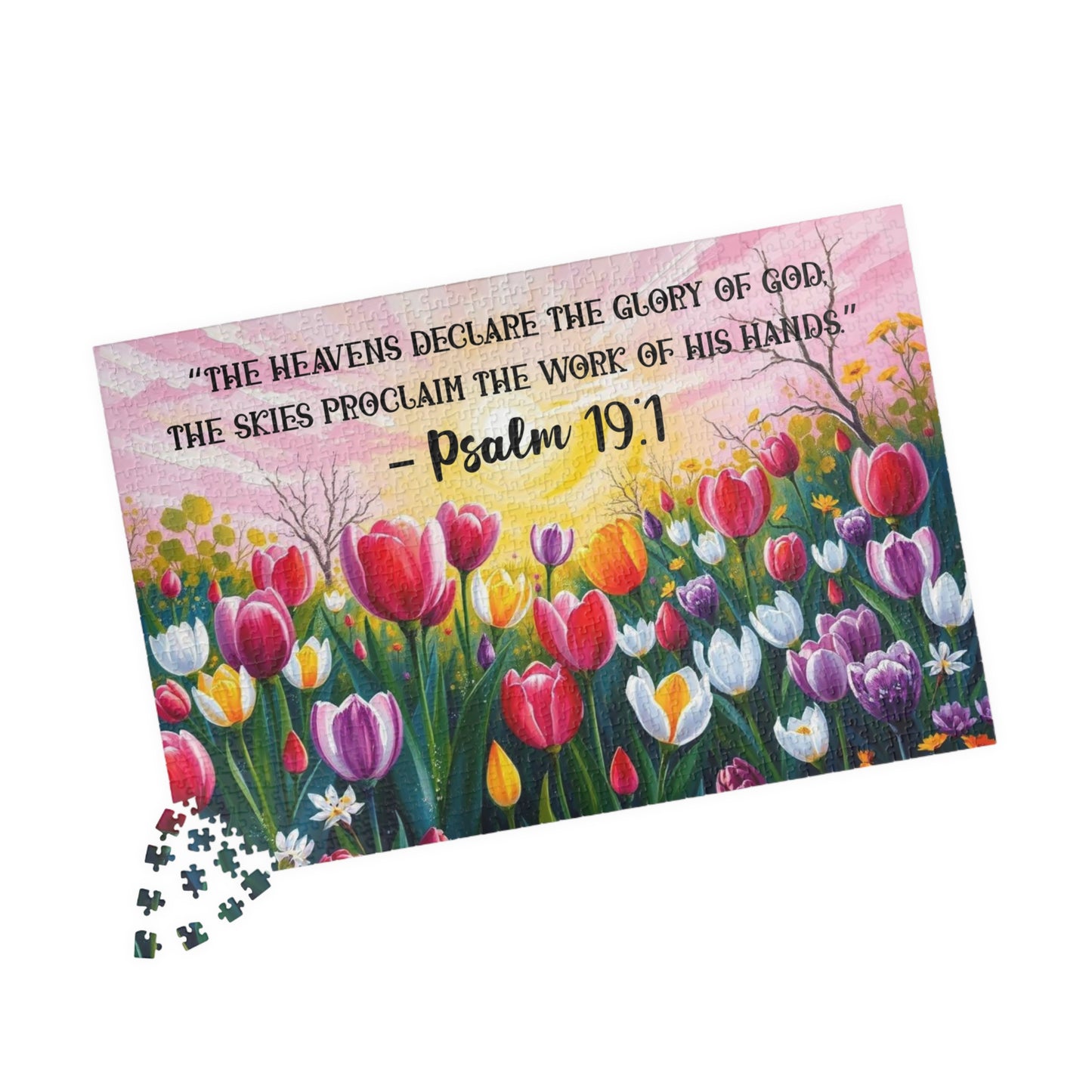 Glory of Creation Jigsaw Puzzle - Sunrise Tulips, Floral Christian Nature Theme, Biblical Quote Psalm 19:1, Inspirational Faith Based Game, Religious Gift Idea 1014 pcs (Horizontal) Puzzle The Puzzle Chest