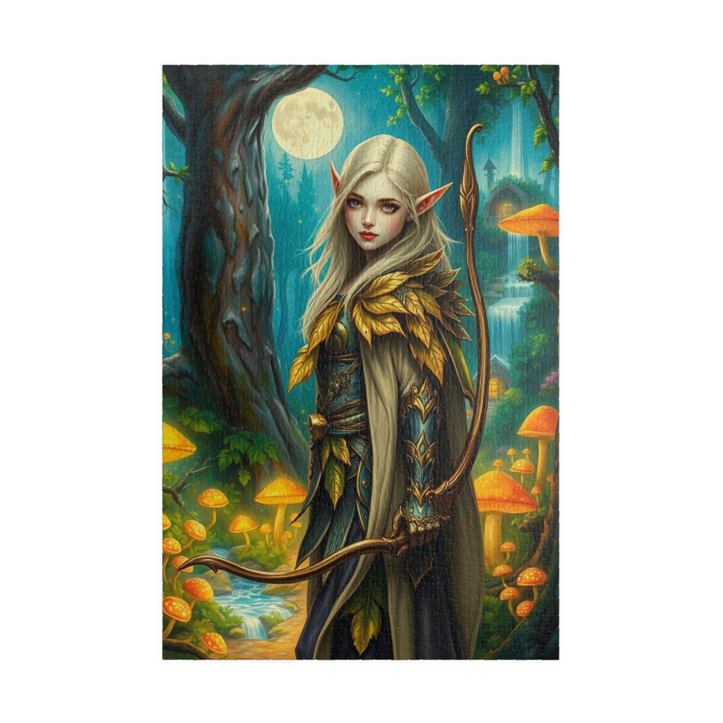 Elf Warrior Enchanted Forest Puzzle, Mystical Scene Glowing Mushrooms Moonlit Waterfalls, Fantasy Art Lover, Best Gift for Puzzle Enthusiast 1014 pcs (Vertical) Puzzle The Puzzle Chest