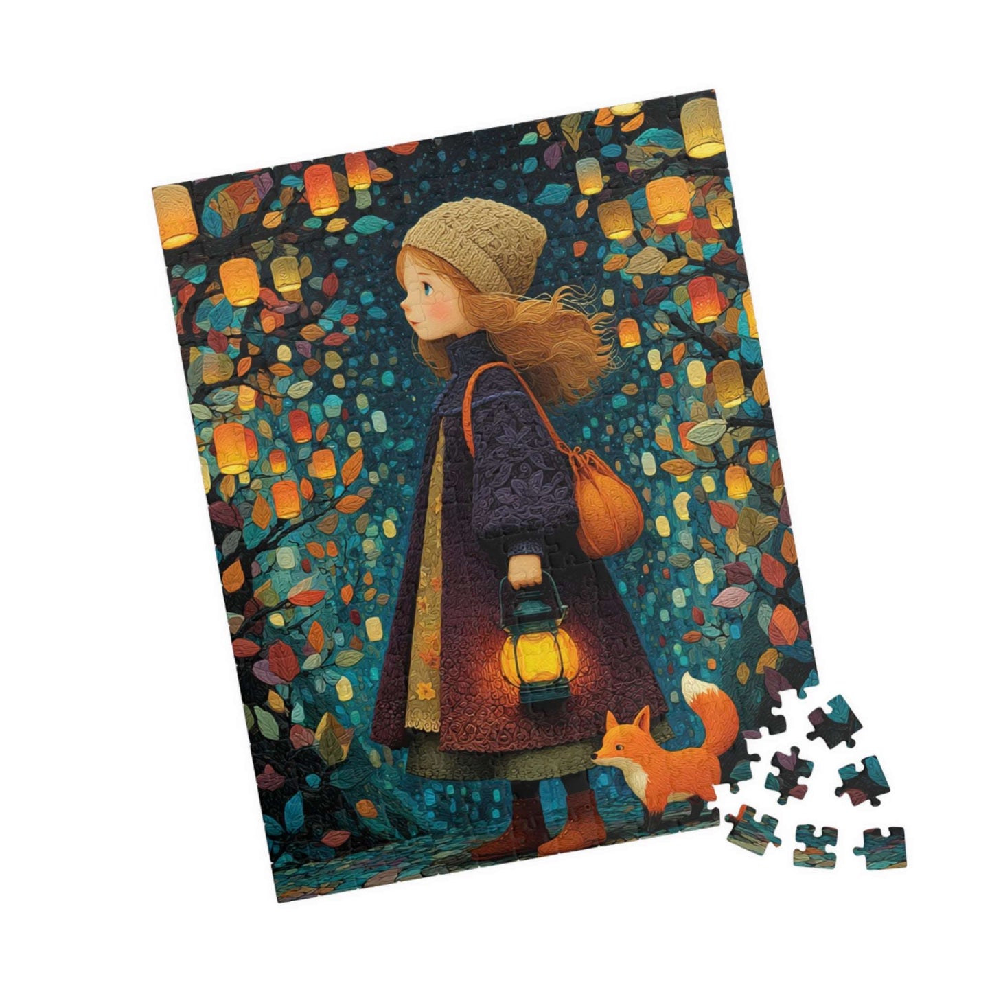 Lantern Path Jigsaw Puzzle – Whimsical Fall Puzzle for Adults, Girl with Fox and Pumpkin Lanterns 252 pcs (Vertical) Puzzle The Puzzle Chest