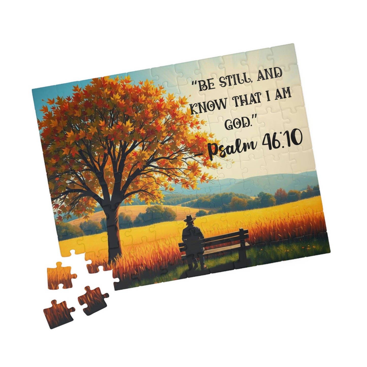 Faith and Stillness Jigsaw Puzzle – Serene Fall Landscape with Wheat Field and Bench, Bible Verse Psalm 46:10, Inspirational Gift for Friends 110 pcs (Horizontal) Puzzle The Puzzle Chest
