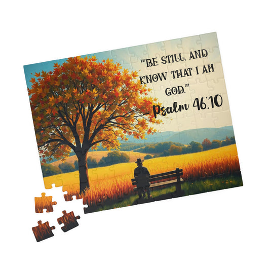 Faith and Stillness Jigsaw Puzzle – Serene Fall Landscape with Wheat Field and Bench, Bible Verse Psalm 46:10, Inspirational Gift for Friends 110 pcs (Horizontal) Puzzle The Puzzle Chest