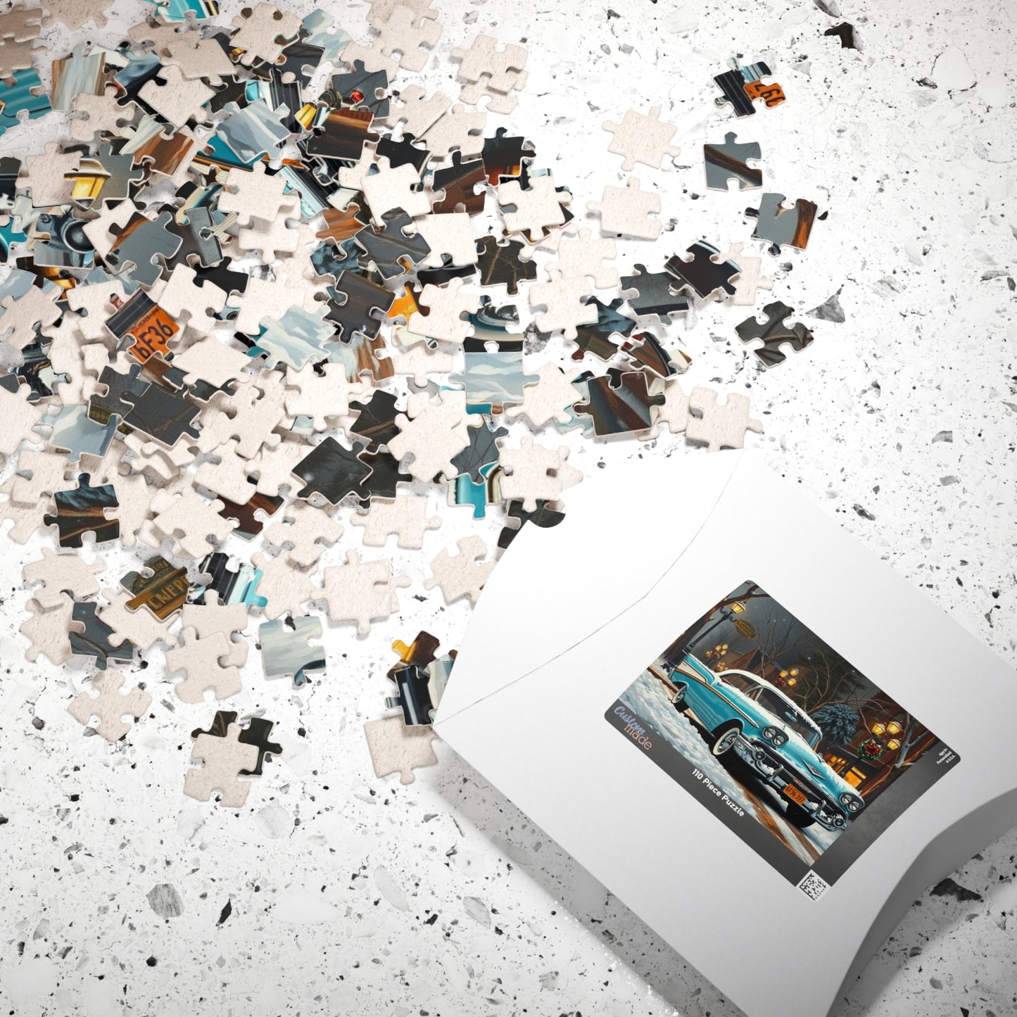 Vintage Car Puzzle - Winter Scene, Retro Classic Vehicle 1957 Bel Air Jigsaw Game Puzzle The Puzzle Chest