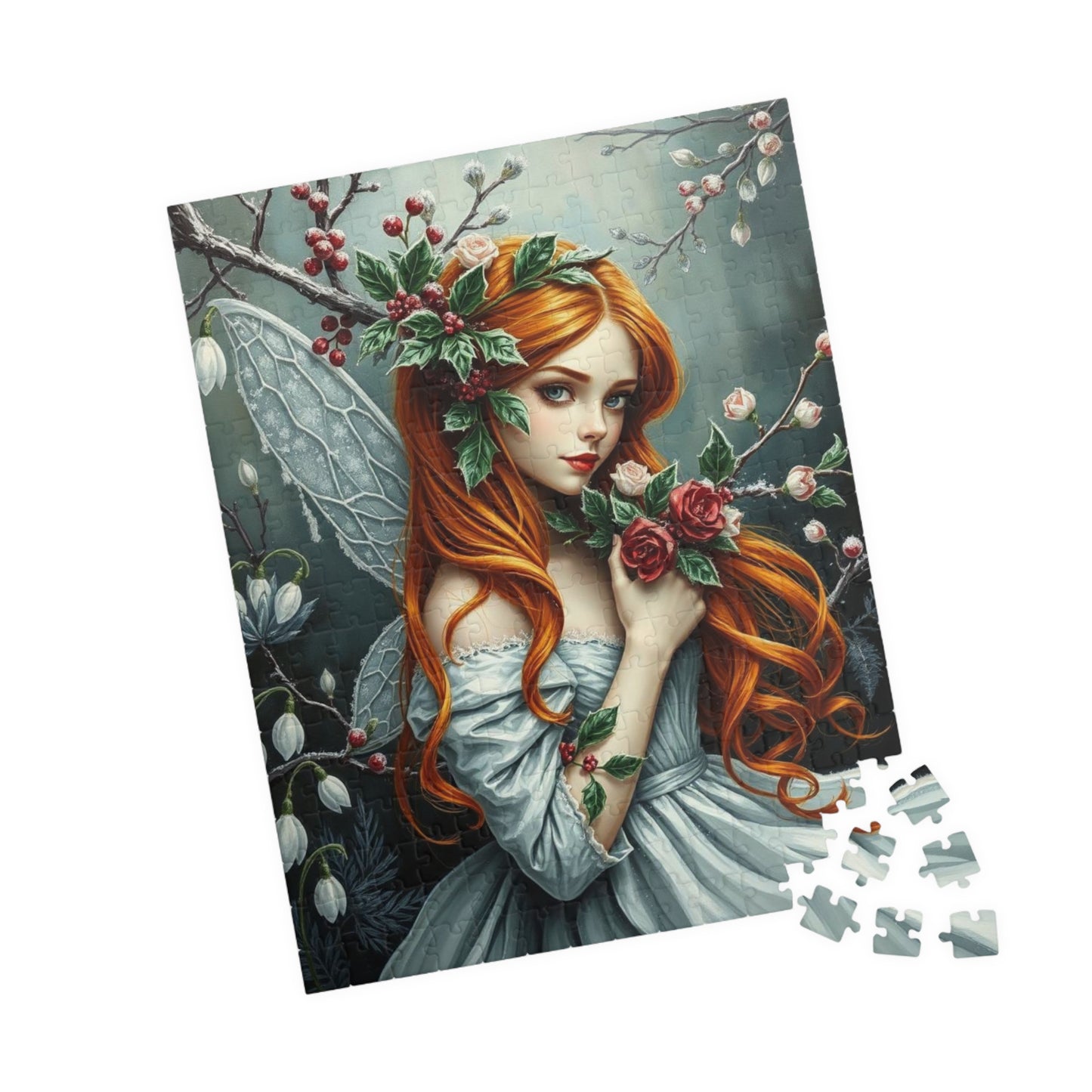 Winter Fairy-Themed Puzzle - Copper Hair, Silvery Gown and Icy Floral Art, 110-1014 Piece Gift for Puzzle Lover, Perfect for Holidays