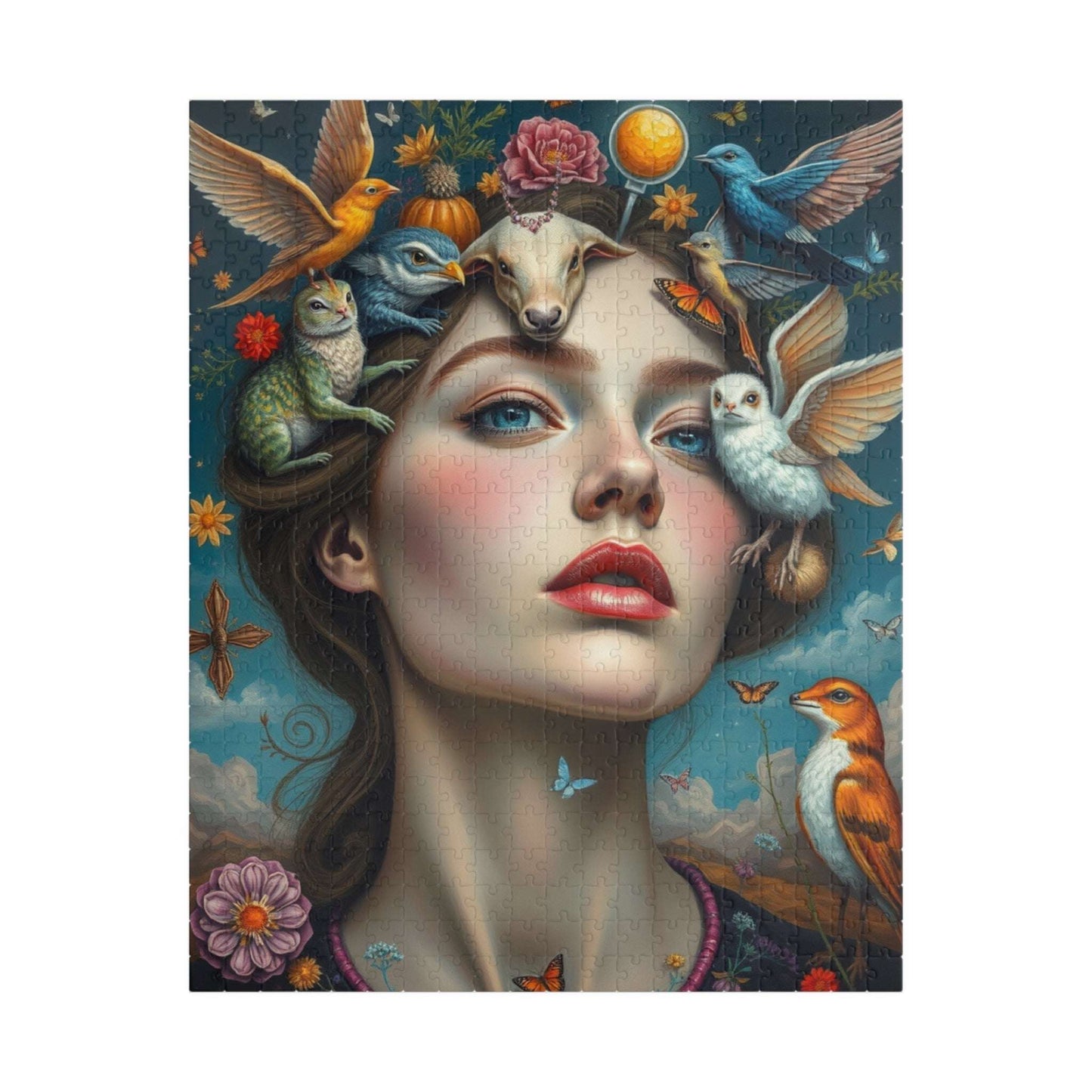 Surreal Self Portrait Jigsaw Puzzle, 110/252/520/1014 Piece, Frida Kahlo Inspired, Dreamlike Animals & Nature, Gift for Art Lovers, Mindful 520 pcs (Vertical) Puzzle The Puzzle Chest
