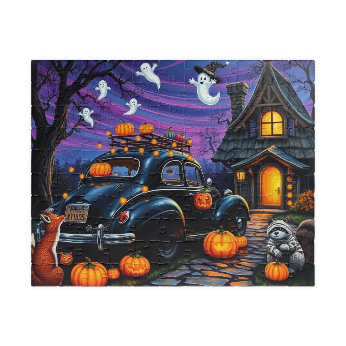 Moonlit Pumpkin Ride Jigsaw Puzzle - Halloween Theme, Spooky Fall Solo or Family Game with Ghosts and Pumpkins, Holiday Gift for Friends 110 pcs (Horizontal) Puzzle The Puzzle Chest