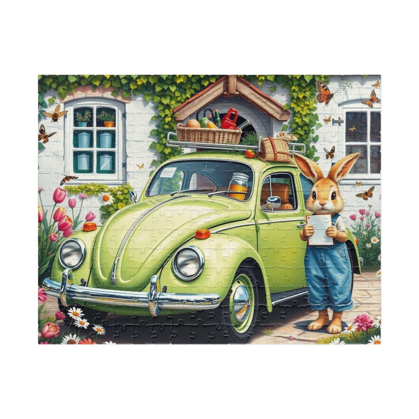 Springtime Garden Delivery Vintage Car Puzzle, Classic Retro Auto Jigsaw Game with Easter Rabbit 252 pcs (Horizontal) Puzzle The Puzzle Chest