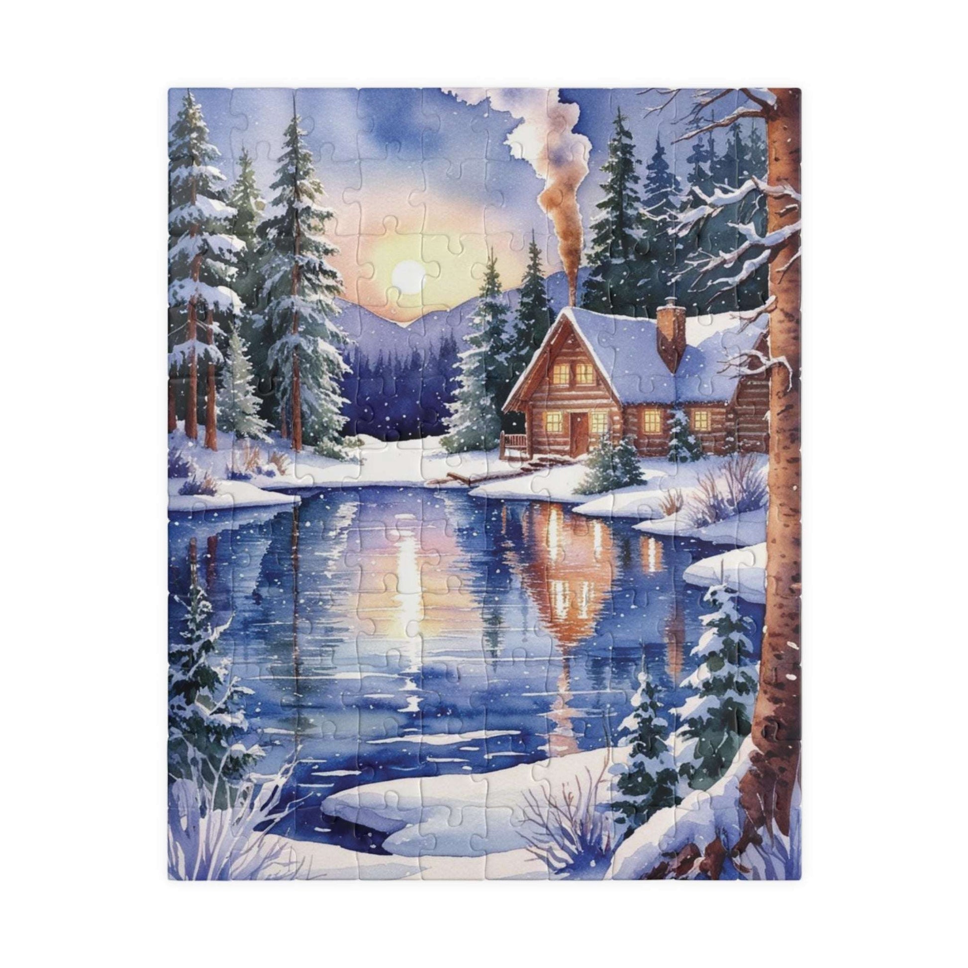 Winter Snowy Landscape Jigsaw Puzzle, Cozy Log Cabin, 110-1014 Piece Puzzle, Watercolor Style, Christmas Gift, Relaxing Activity, Giftable 110 pcs (Vertical) Puzzle The Puzzle Chest