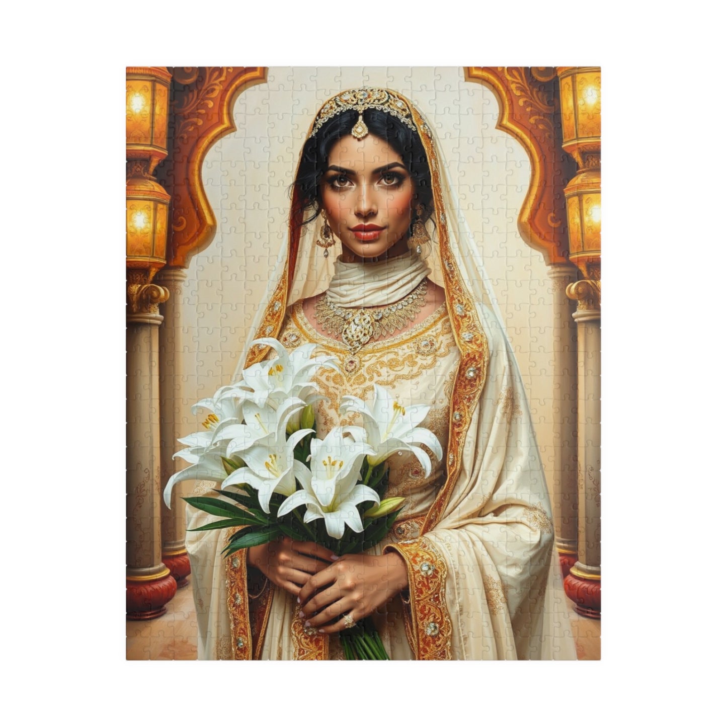 Middle Eastern Bride Puzzle with Gold Ivory Kaftan and Lanterns, Family Friendly Wedding Jigsaw Game, Mindful Activity, Puzzle Lover Gift 520 pcs (Vertical) Puzzle The Puzzle Chest
