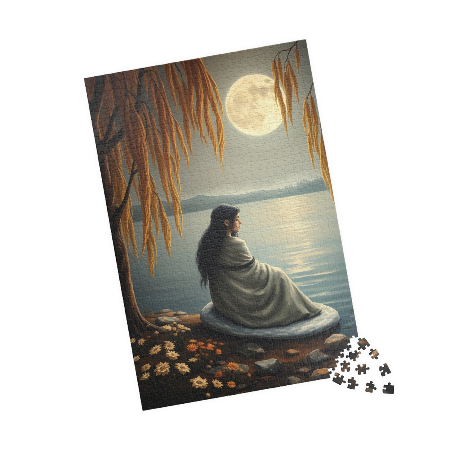 Mythical Jigsaw Puzzle, Moonlit Lake with Selkie, 110/252/520/1014-piece, Willow Trees, Flowers, Sealskin Cloak, Gift for Fantasy Lover Puzzle The Puzzle Chest