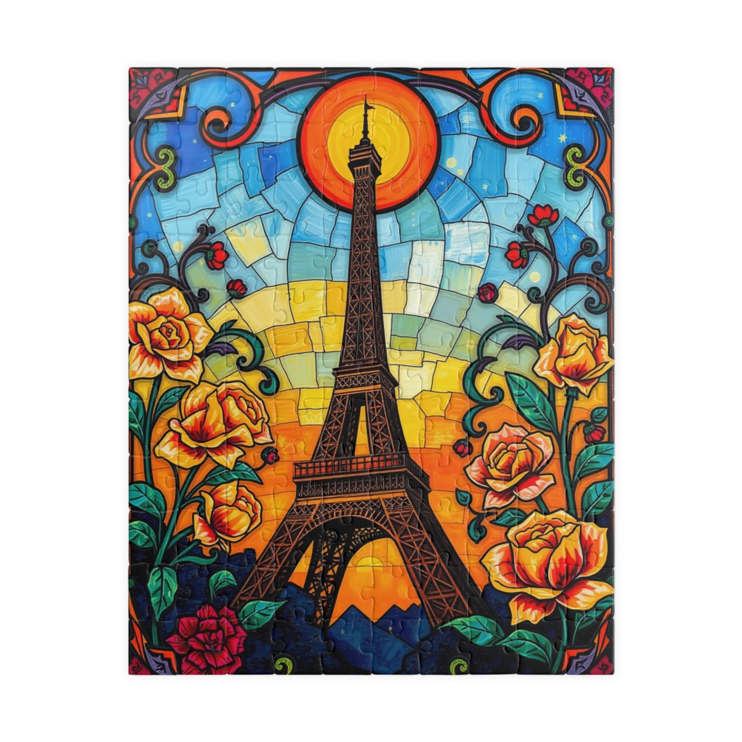 Eiffel Tower Sunset Jigsaw Puzzle, Floral Stained Glass Style, Famous Landmark, Parisian Landscape Art, Relaxing Adult Hobby, Giftable Game 110 pcs (Vertical) Puzzle The Puzzle Chest