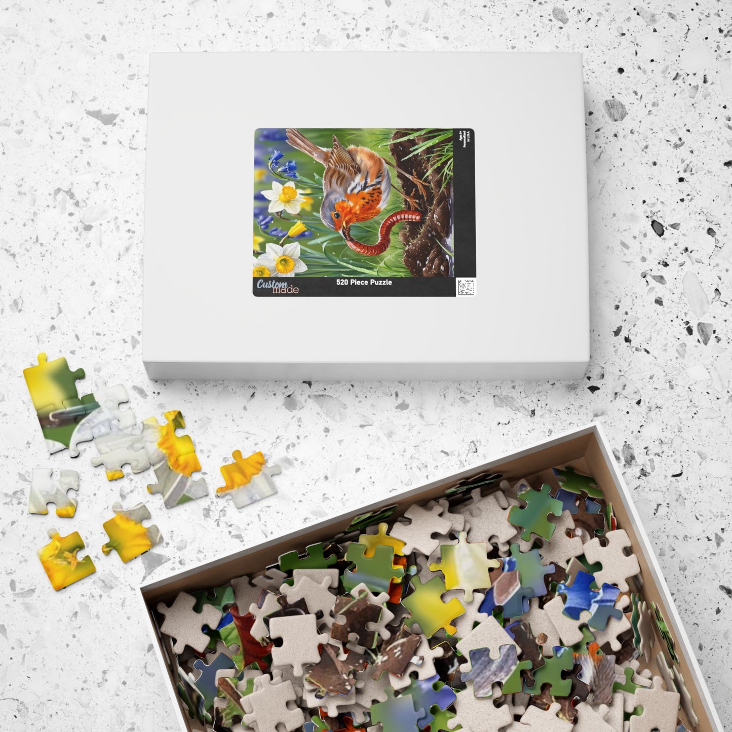 Robin and Worm Puzzle, Bird Spring Scene Flower Background Animal Jigsaw Game, 520-Piece Fun Family Activity, Gift Idea for Nature Lovers Puzzle The Puzzle Chest