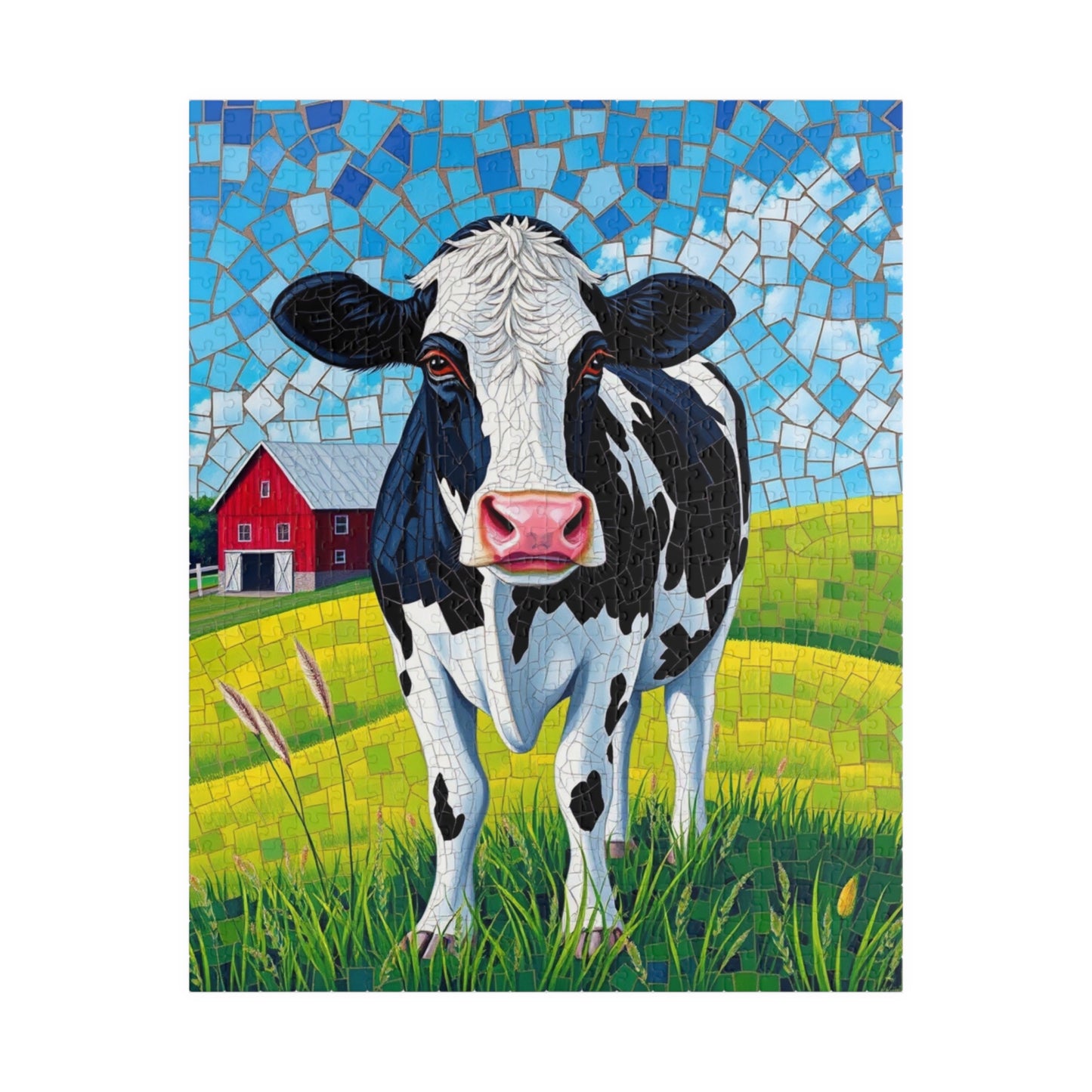 Mosaic Art Cow Jigsaw Puzzle, Peaceful Rural Landscape, Black and White Cow in a Farm Pasture with Red Barn and Blue-Sky Tabletop Game, Gift 520 pcs (Vertical) Puzzle The Puzzle Chest
