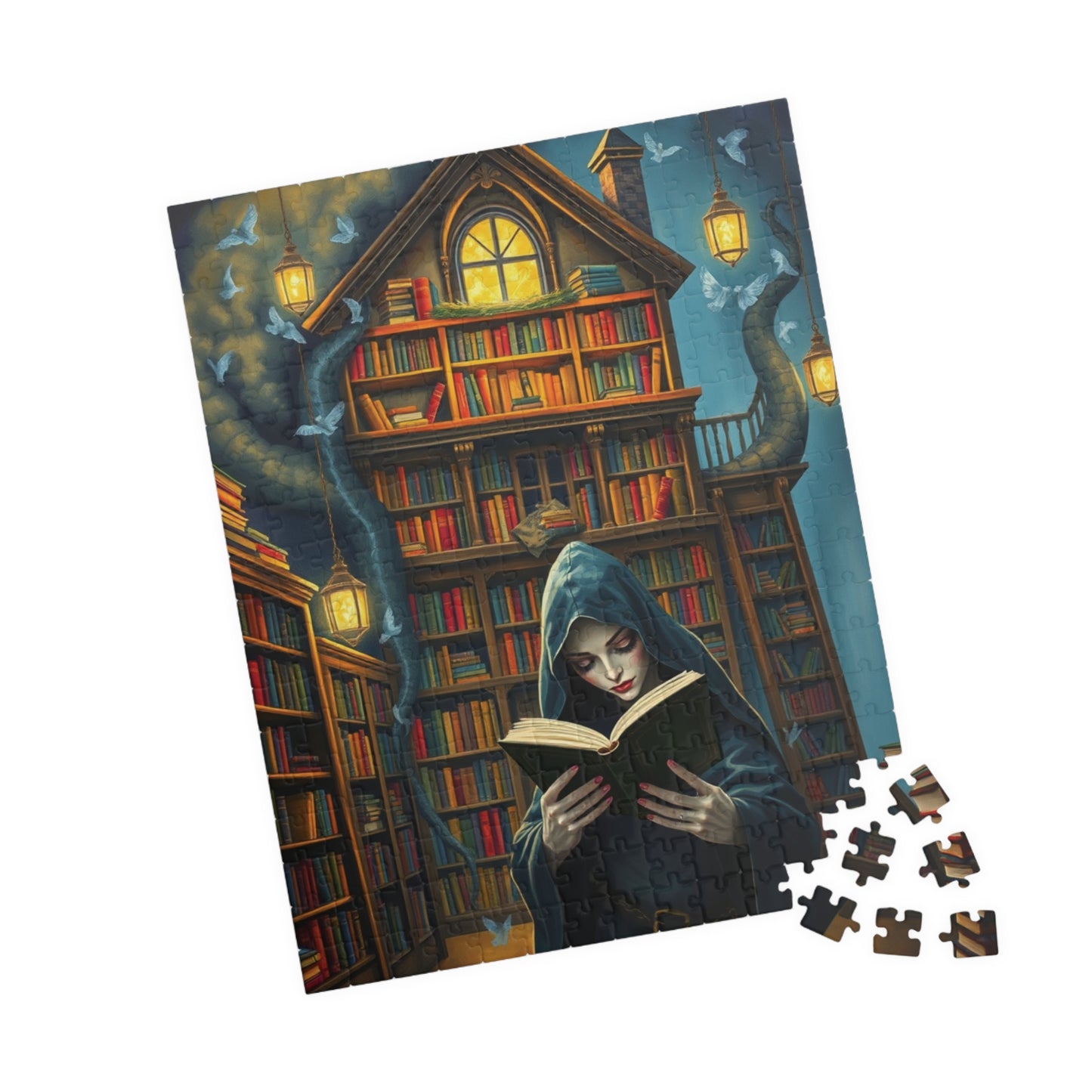 Gothic Bookstore Jigsaw Puzzle, Cloaked Figure Pale Skin Intense Eyes, Dark Fantasy Whimsical, Challenging Adult Tabletop Game, Giftable Puzzle The Puzzle Chest