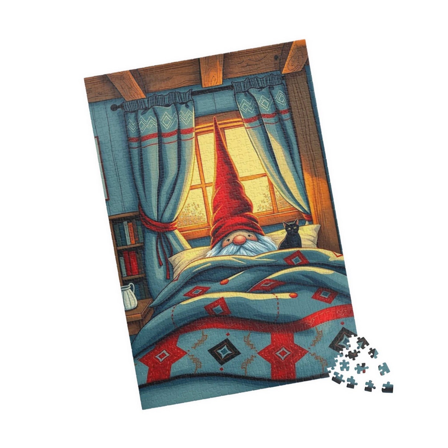 Scandinavian Folk Art Gnome Sleeping Jigsaw Puzzle – Nordic Bedroom Nighttime Scene 1014 pcs (Vertical) Puzzle The Puzzle Chest