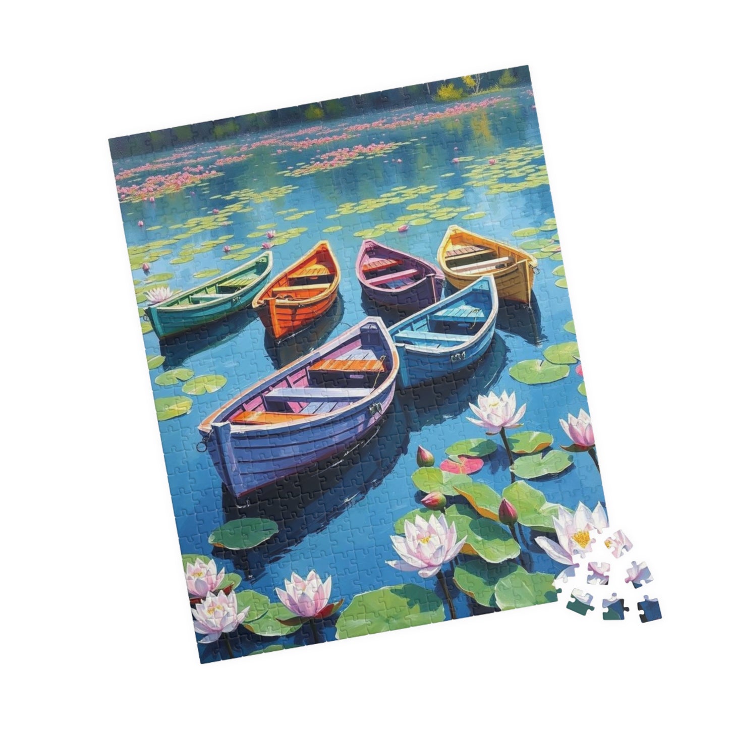 Serenity Afloat Lake Boat Jigsaw Puzzle, Rowboats and Lotus Flowers Landscape Puzzle, Scenic Summer Puzzle for Adult and Families Puzzle The Puzzle Chest