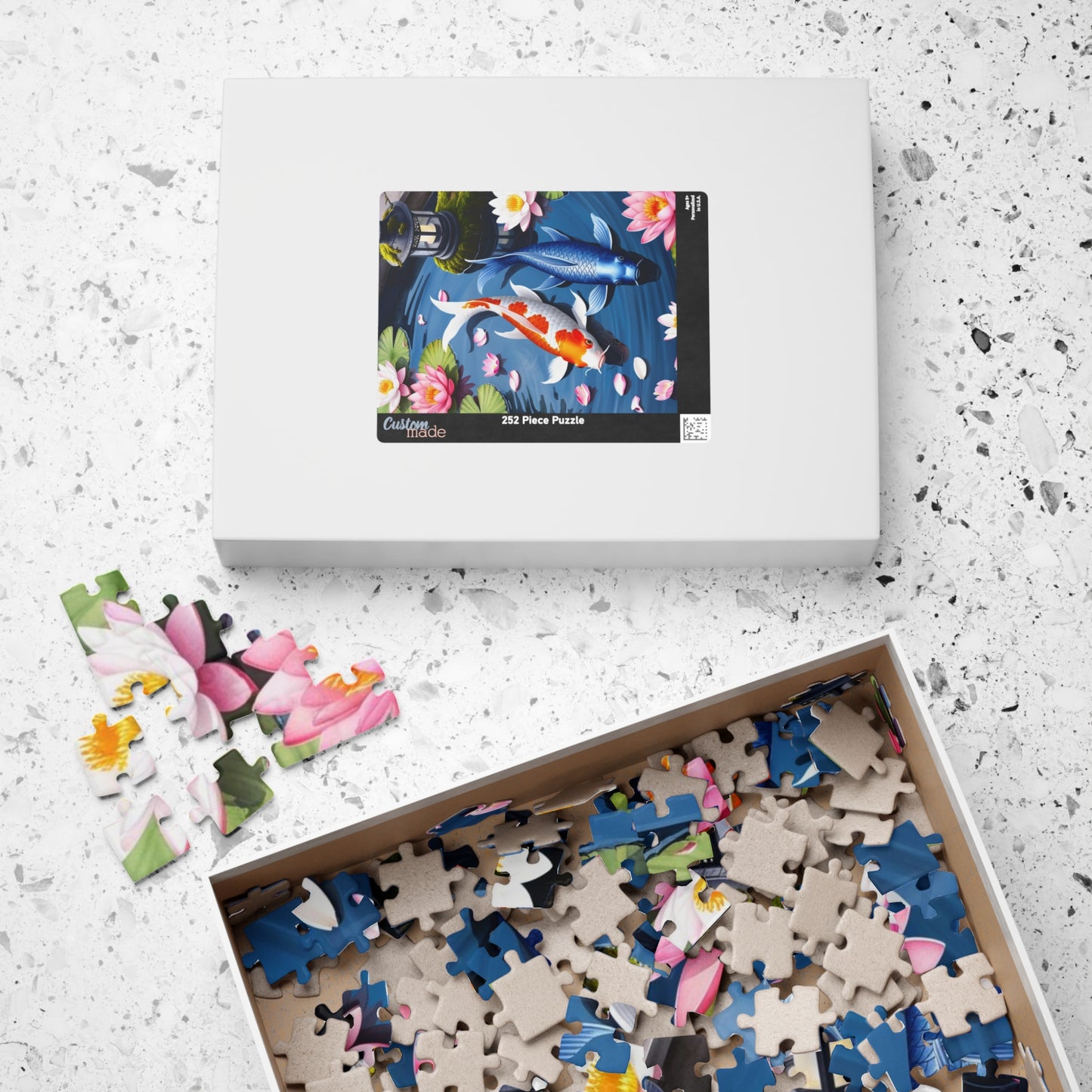 Jigsaw Puzzle, Tranquil Koi Fish Pond Design, 110 252 520 1014-piece, Cherry Blossom Lotus Flowers, Mindfulness Activity, Wall Art Decor,