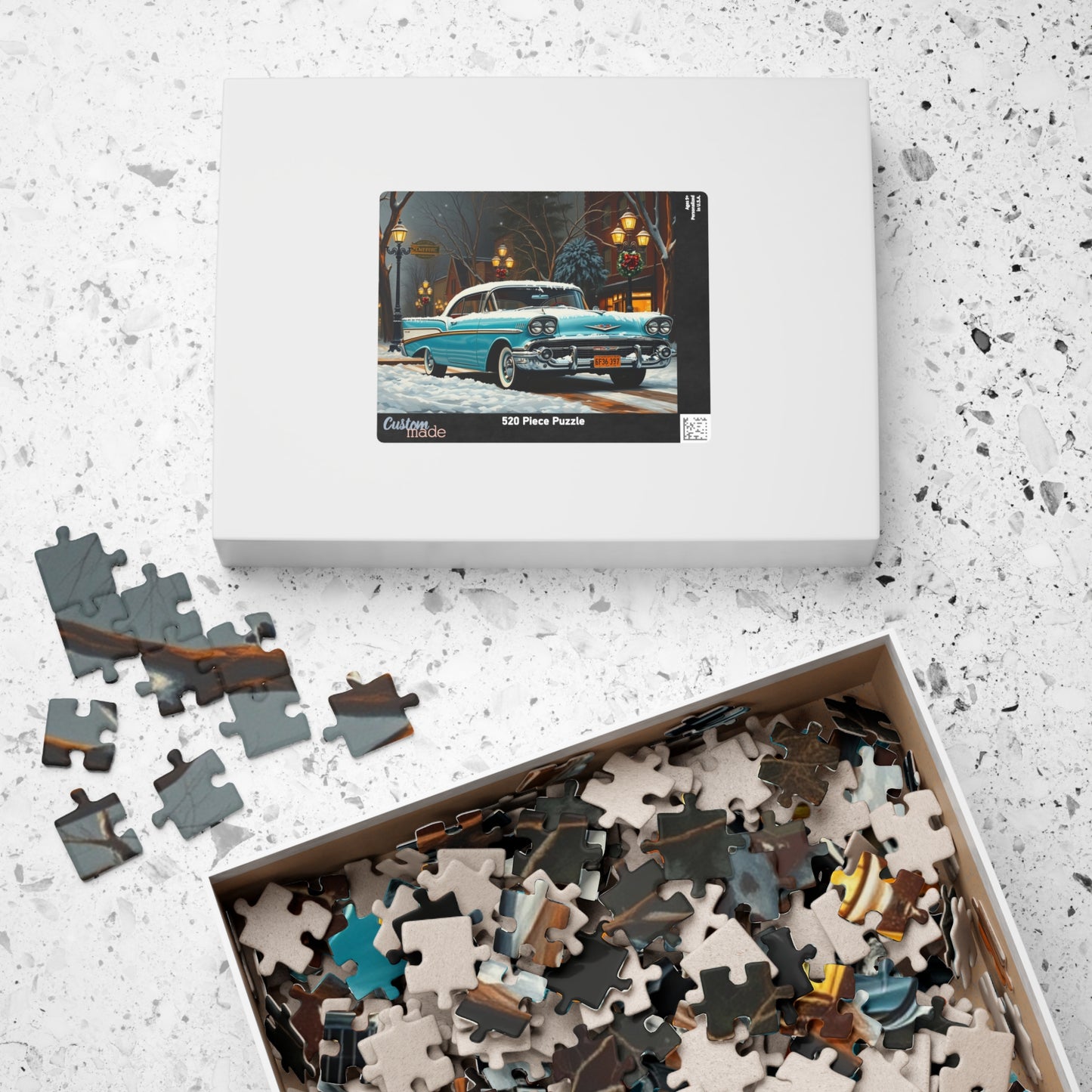 Vintage Car Puzzle - Winter Scene, Retro Classic Vehicle 1957 Bel Air Jigsaw Game Puzzle The Puzzle Chest