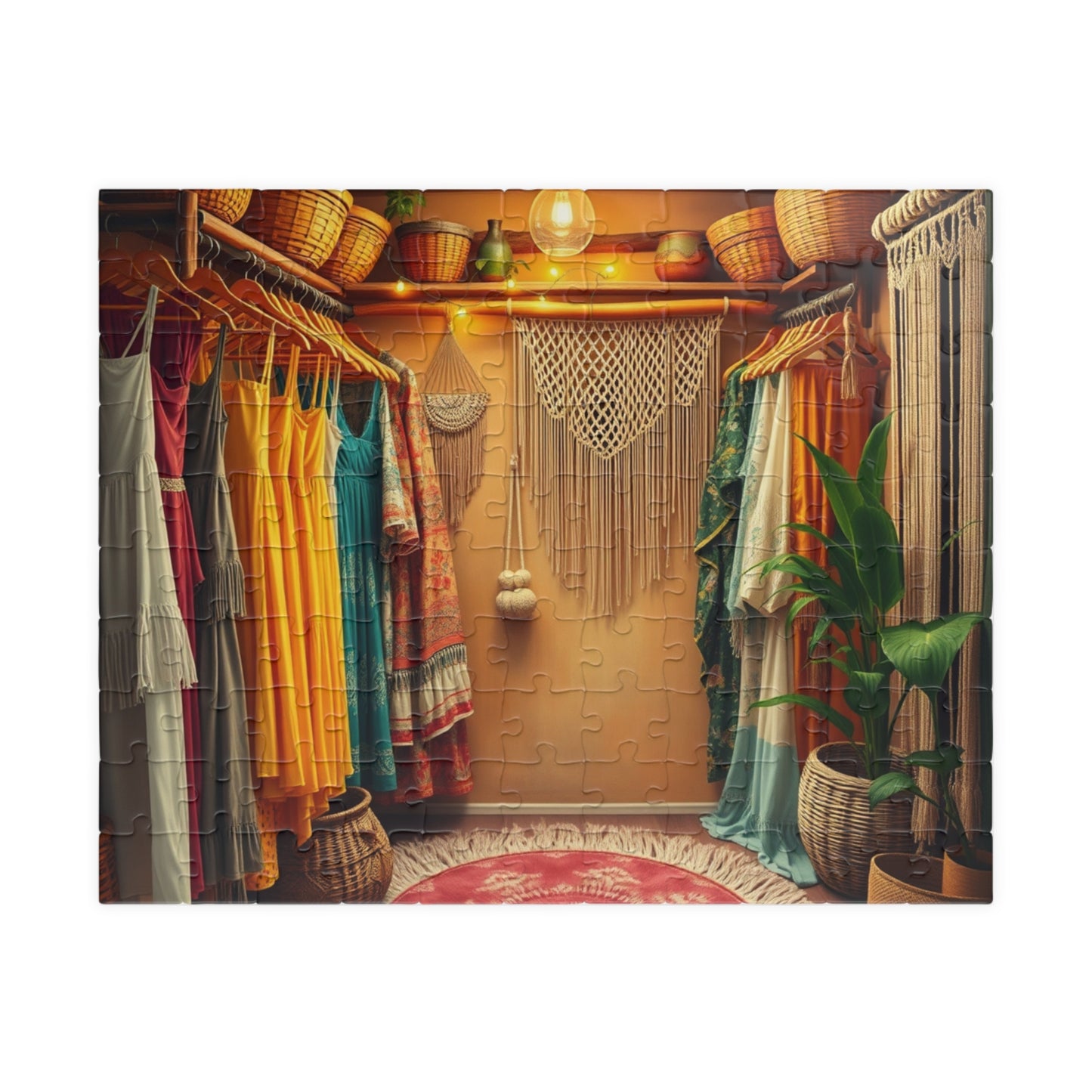 Boho Chic Closet Jigsaw Puzzle, Rustic Fashion Wardrobe with Dresses Plants and Accessories Game, Dreamy Womans Boutique, Puzzle Lover Gift