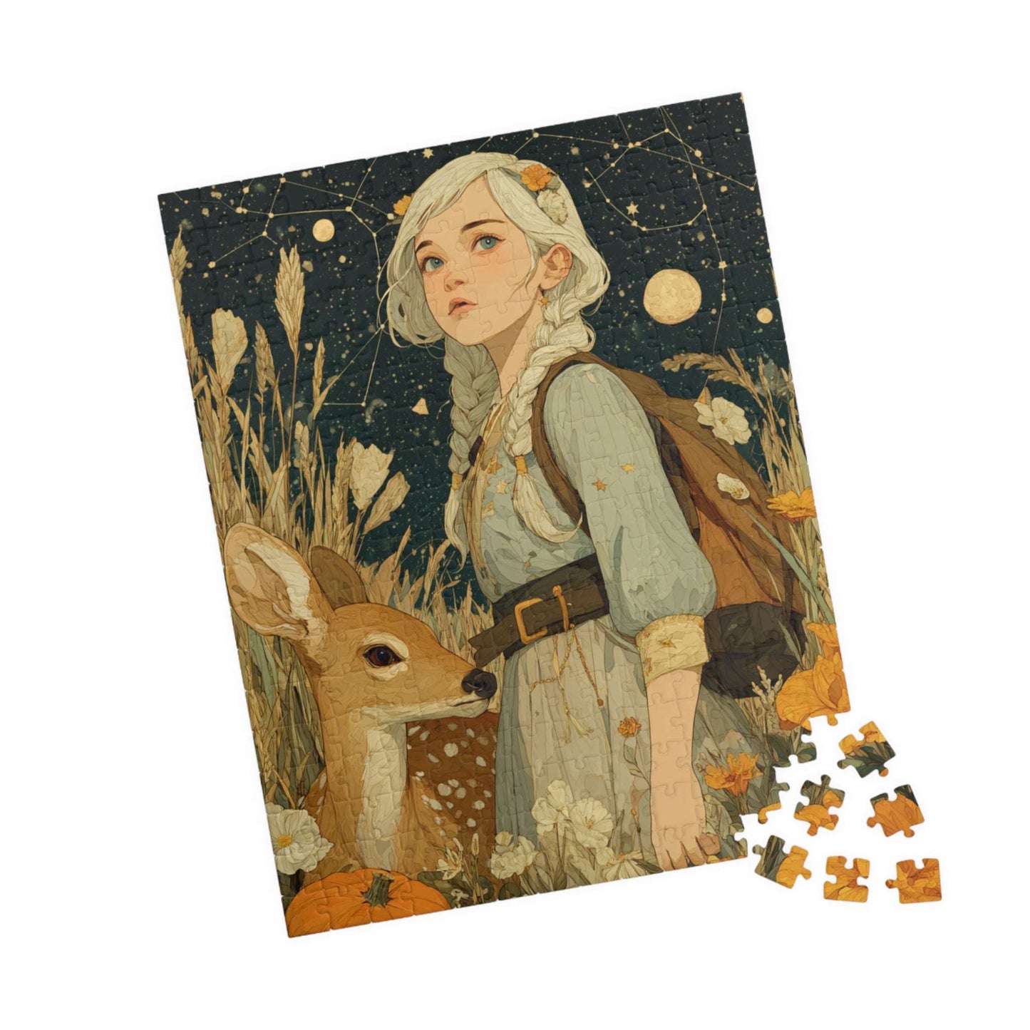 Birch Forest Fairy-Tale Jigsaw Puzzle - Golden Haired Girl and Gentle Deer, Nature Game for Adults, Fall Gift, Family Fun, Brain Teaser 252 pcs (Vertical) Puzzle The Puzzle Chest