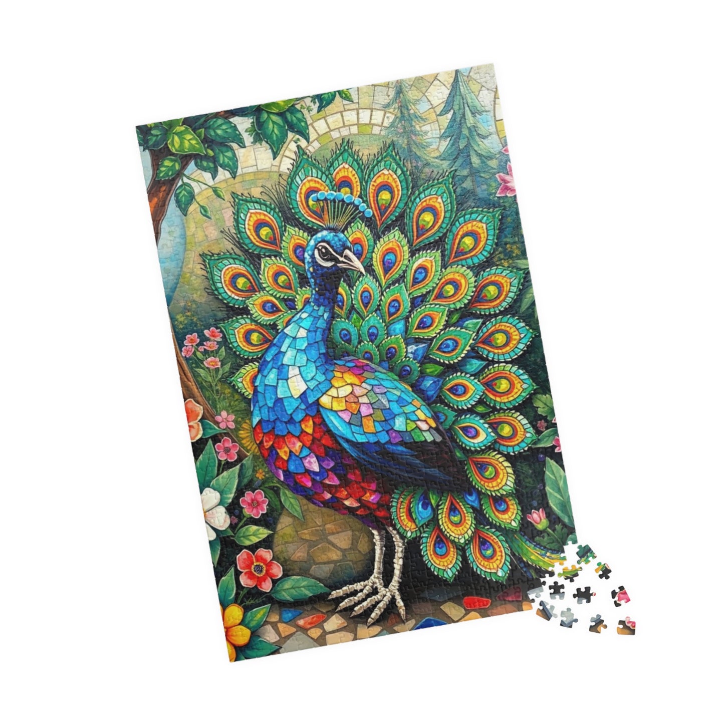 Mosaic Peacock Puzzle, Beautiful Fan-Tailed Bird in a Jewel-Toned Mosaic Art Garden Scene for Adults Teens, Gift for Animal Lover, Mindful Puzzle The Puzzle Chest