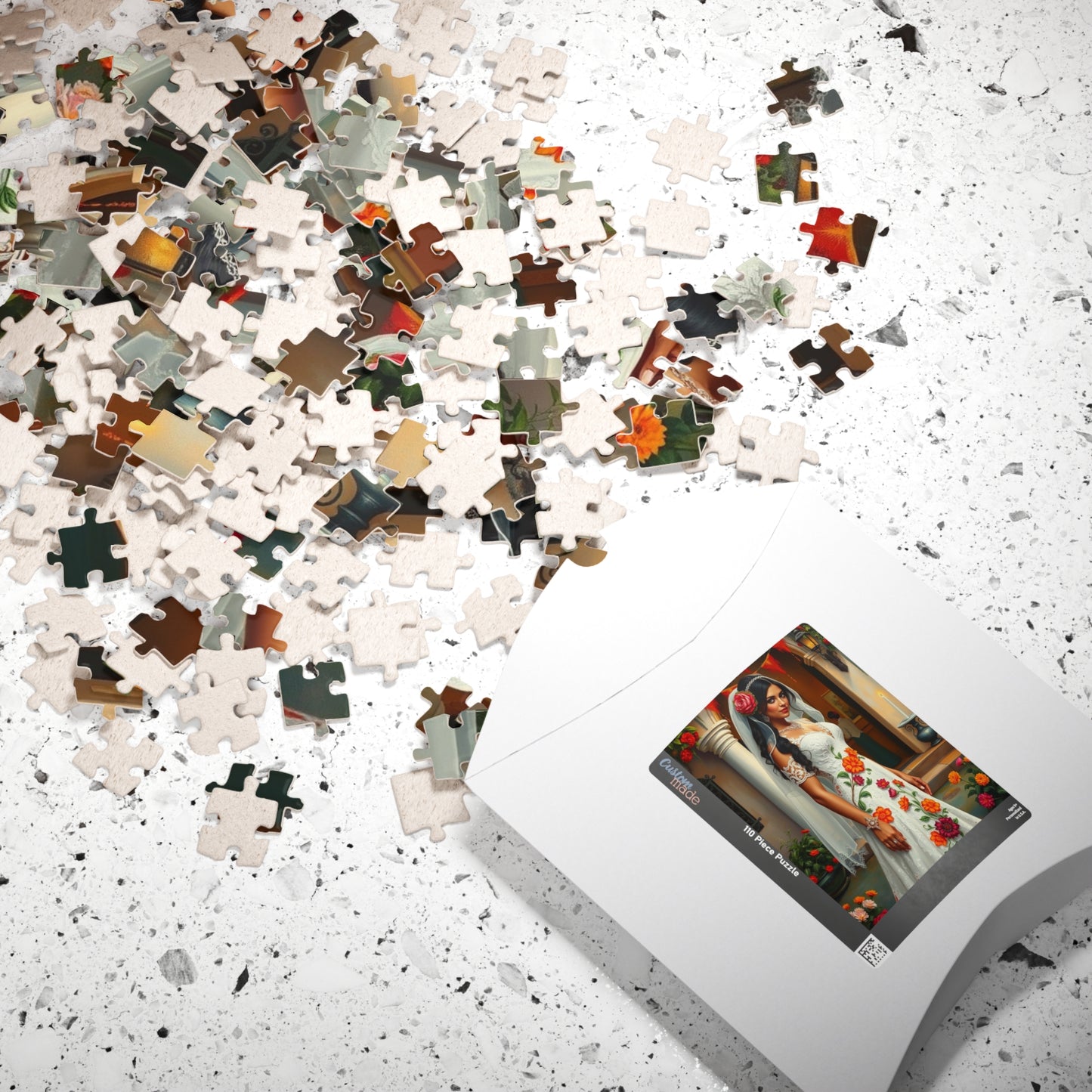 Puzzle - Mexican Bride in Lace Gown, Otomi Flowers Hacienda Candles, 110-1014 Piece Jigsaw, Wedding Dress Design, Cultural Artwork Folklore Puzzle The Puzzle Chest