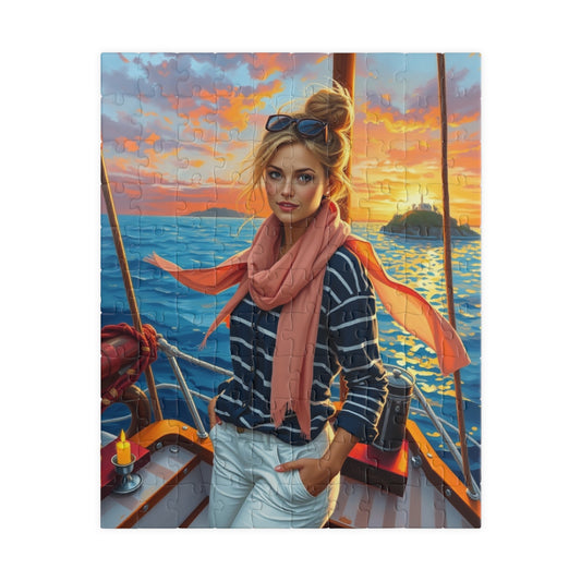 Jigsaw Puzzle, Woman on Sailboat Bow, 110 252 520 1014 Piece, Navy Striped Shirt, White Pants, Blonde Hair, Messy Bun, Fair-skinned Lady, 110 pcs (Vertical) Puzzle The Puzzle Chest
