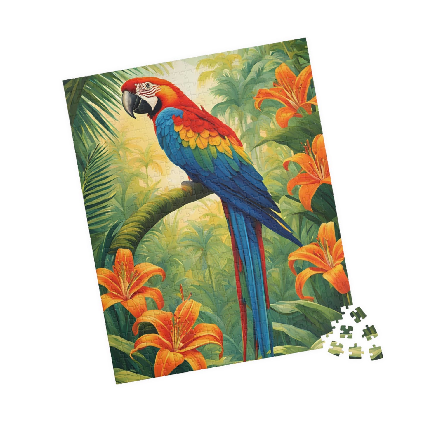 Colorful Parrot Puzzle, Tropical Jungle and Tiger Lilly Flower Scene, Nature-Inspired Jigsaw Game, Best Unique Bird Lover Gift, Mindfulness Puzzle The Puzzle Chest