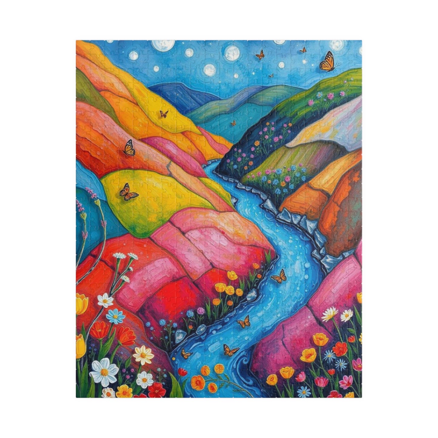 Meadow Stream Melody - River Through Candy Hill Jigsaw Puzzle Collection, Beautiful Nature Puzzle, Colorful Landscape Art, Puzzle Lover Gift, Family Fun, 110/252/520/1014 520 pcs (Vertical) Puzzle The Puzzle Chest
