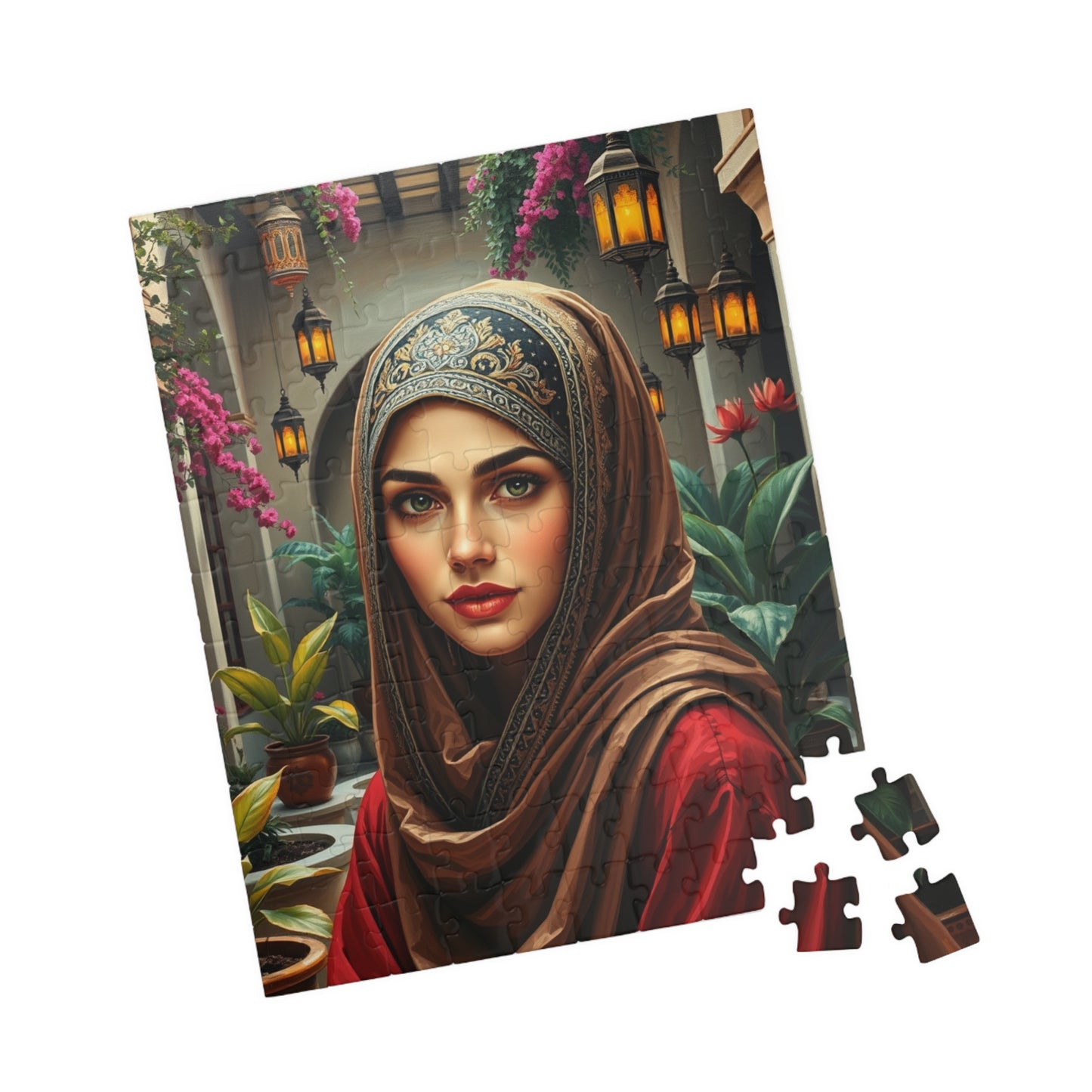 Middle Eastern Cultural Art Jigsaw Puzzle, Woman in Hijab Courtyard Scene, Hanging Lanterns Vibrant Plants, Puzzle Enthusiast Art Lover Gift Puzzle The Puzzle Chest