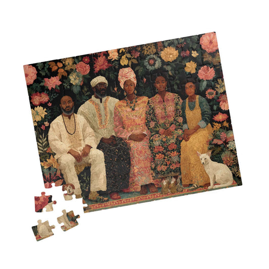 Black Art Jigsaw Puzzle - Afrocentric Family Portrait in Story-Quilt Style with Bold Patterned Fabrics 110 pcs (Horizontal) Puzzle The Puzzle Chest