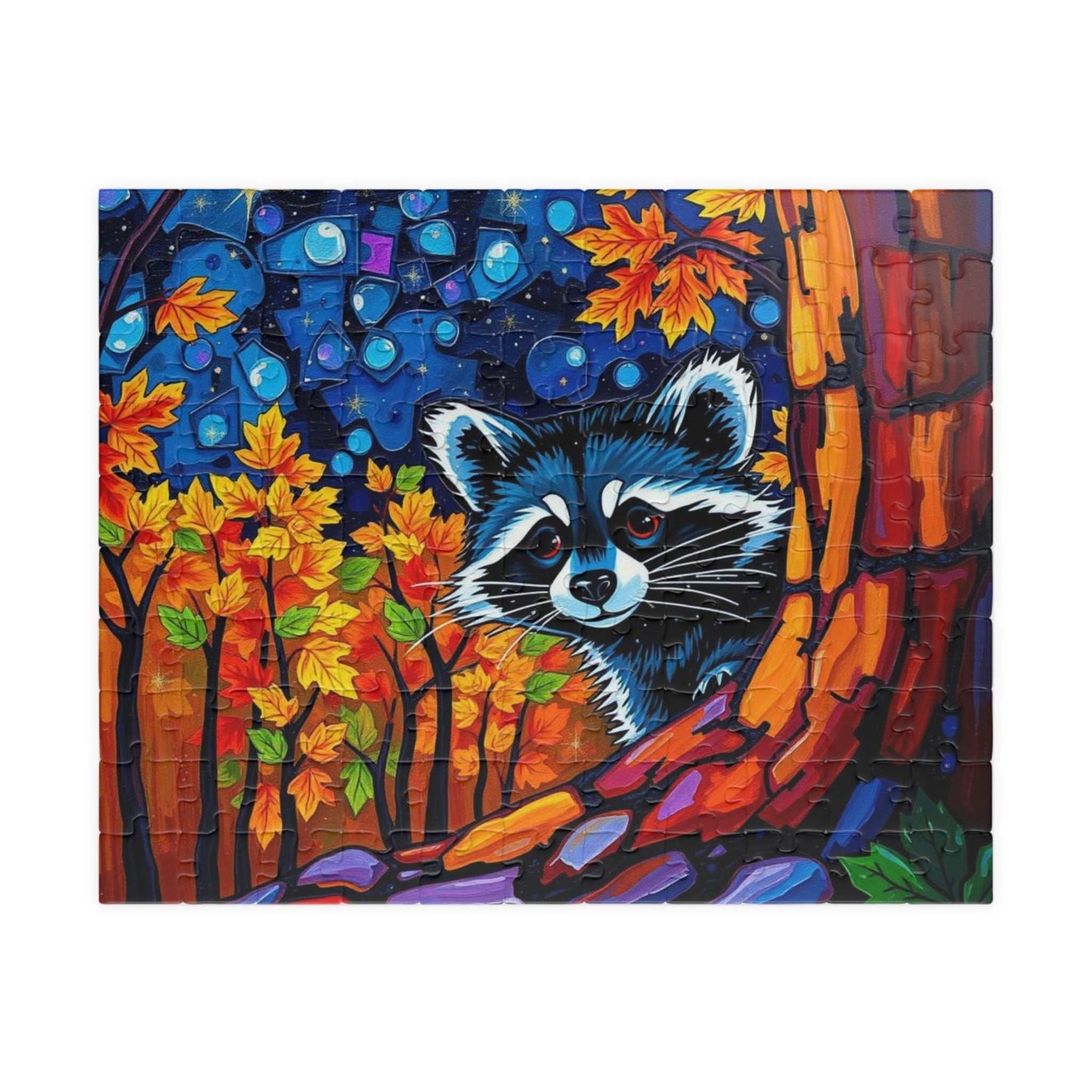 Autumn Nightscape Raccoon Puzzle, Colorful Nature Jigsaw for Solo or Family Fun, Birthday Gift for Animal Lover, Cozy Night In Entertainment