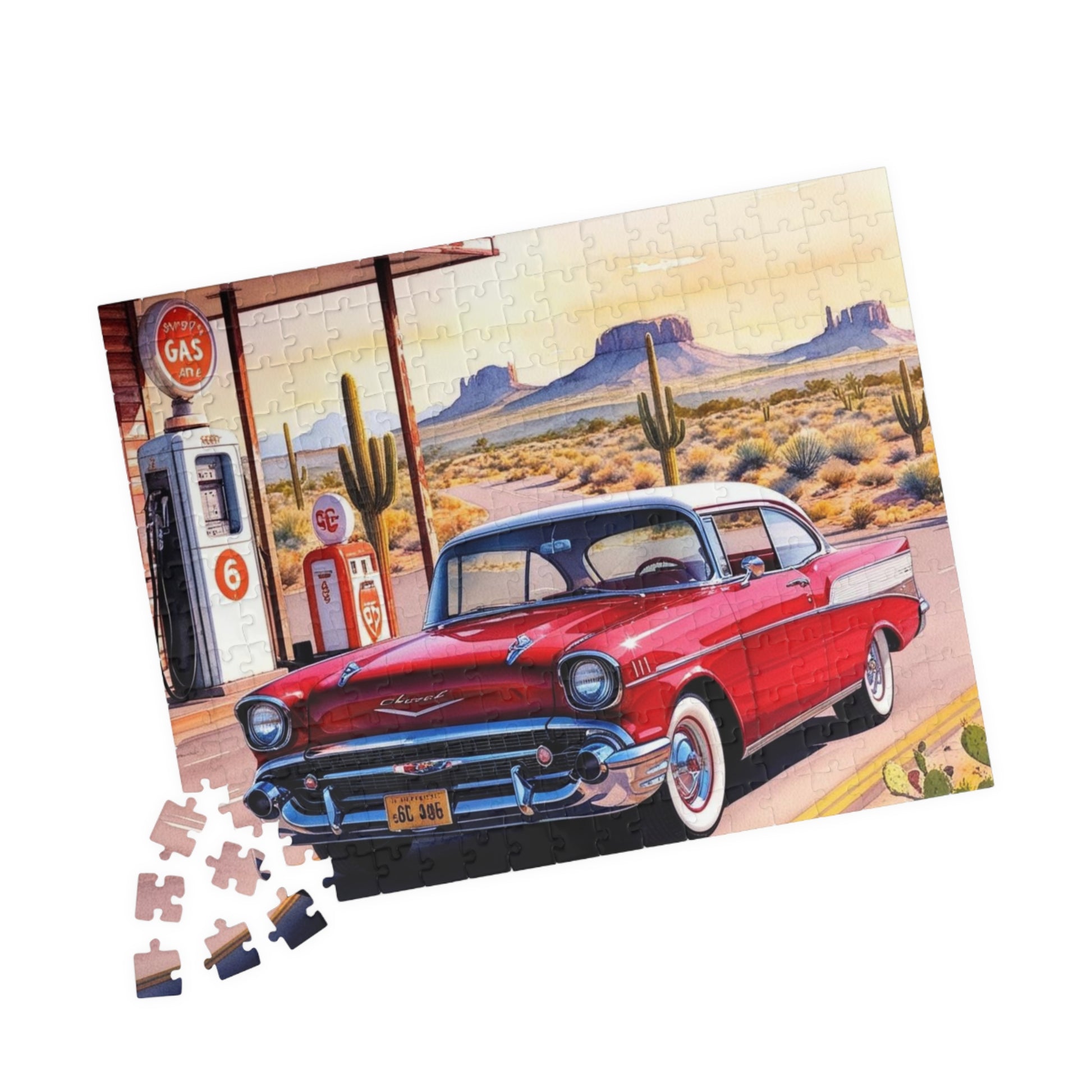 Vintage Vehicle Puzzle, 1957 Bel Air on Route 66 Retro Gas Station Desert Landscape Scenery Puzzle The Puzzle Chest