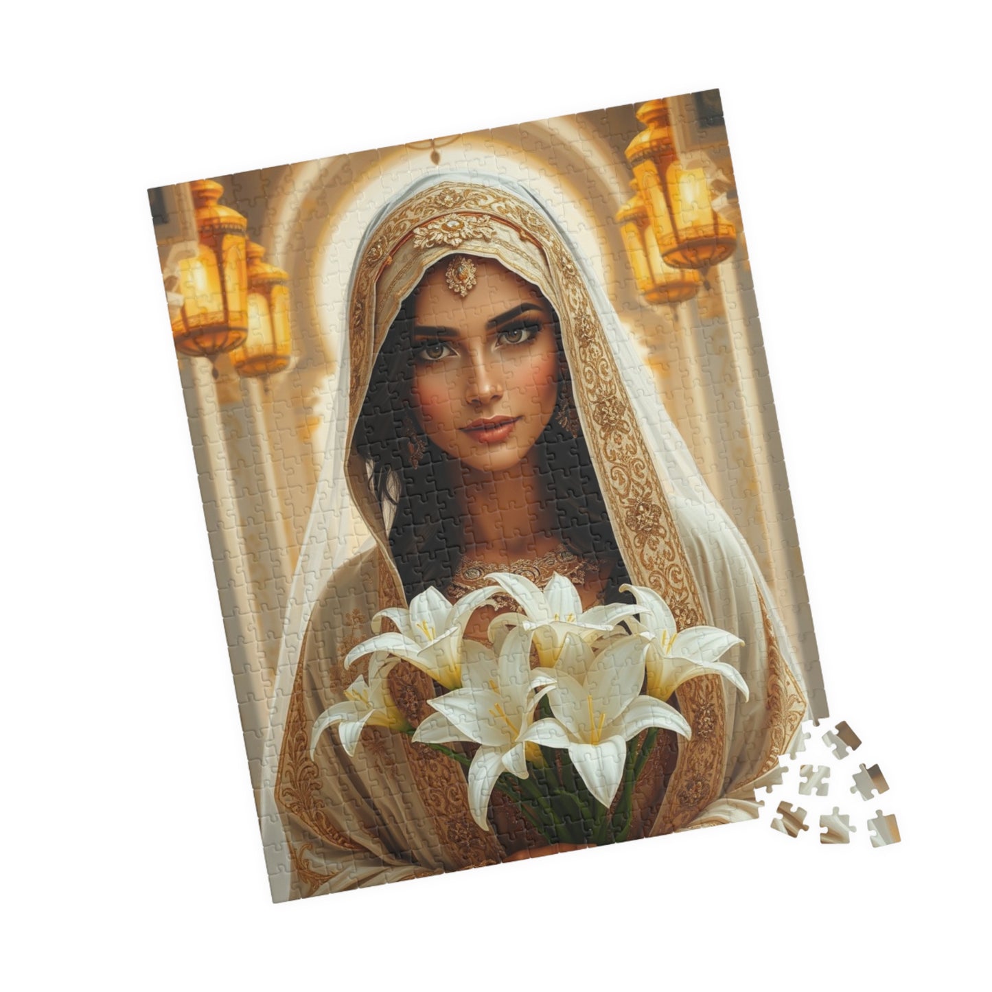 Middle Eastern Bride Puzzle with Gold Ivory Kaftan and Lanterns, Family Friendly Wedding Jigsaw Game, Mindful Activity, Puzzle Lover Gift Puzzle The Puzzle Chest