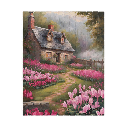 Enchanted Stone Cottage Puzzle, Thatched Roof Home Blooming Cyclamen Meadow, Idyllic Countryside Pink Purple Floral Landscape Game, Giftable 252 pcs (Vertical) Puzzle The Puzzle Chest