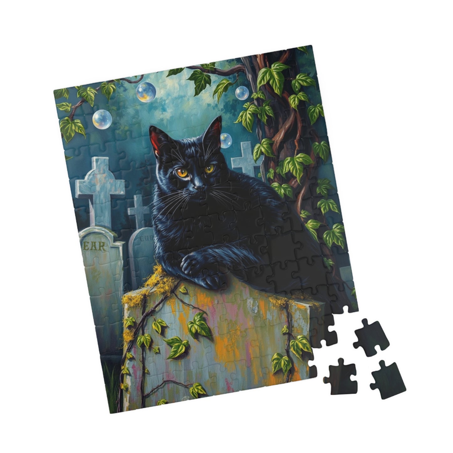 Gothic Puzzle, Black Cat Rests on Moss-Covered Tombstone, Eerie Atmosphere, Halloween Jigsaw Game, Spooky Home Decor, Creepy Cat Lover Gift Puzzle The Puzzle Chest