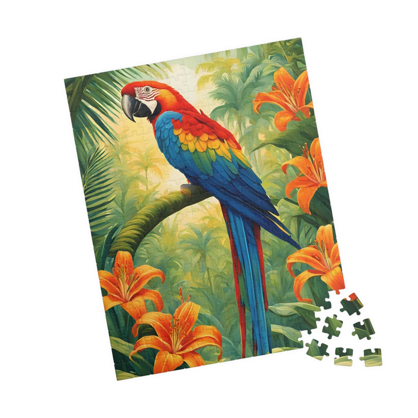 Colorful Parrot Puzzle, Tropical Jungle and Tiger Lilly Flower Scene, Nature-Inspired Jigsaw Game, Best Unique Bird Lover Gift, Mindfulness Puzzle The Puzzle Chest