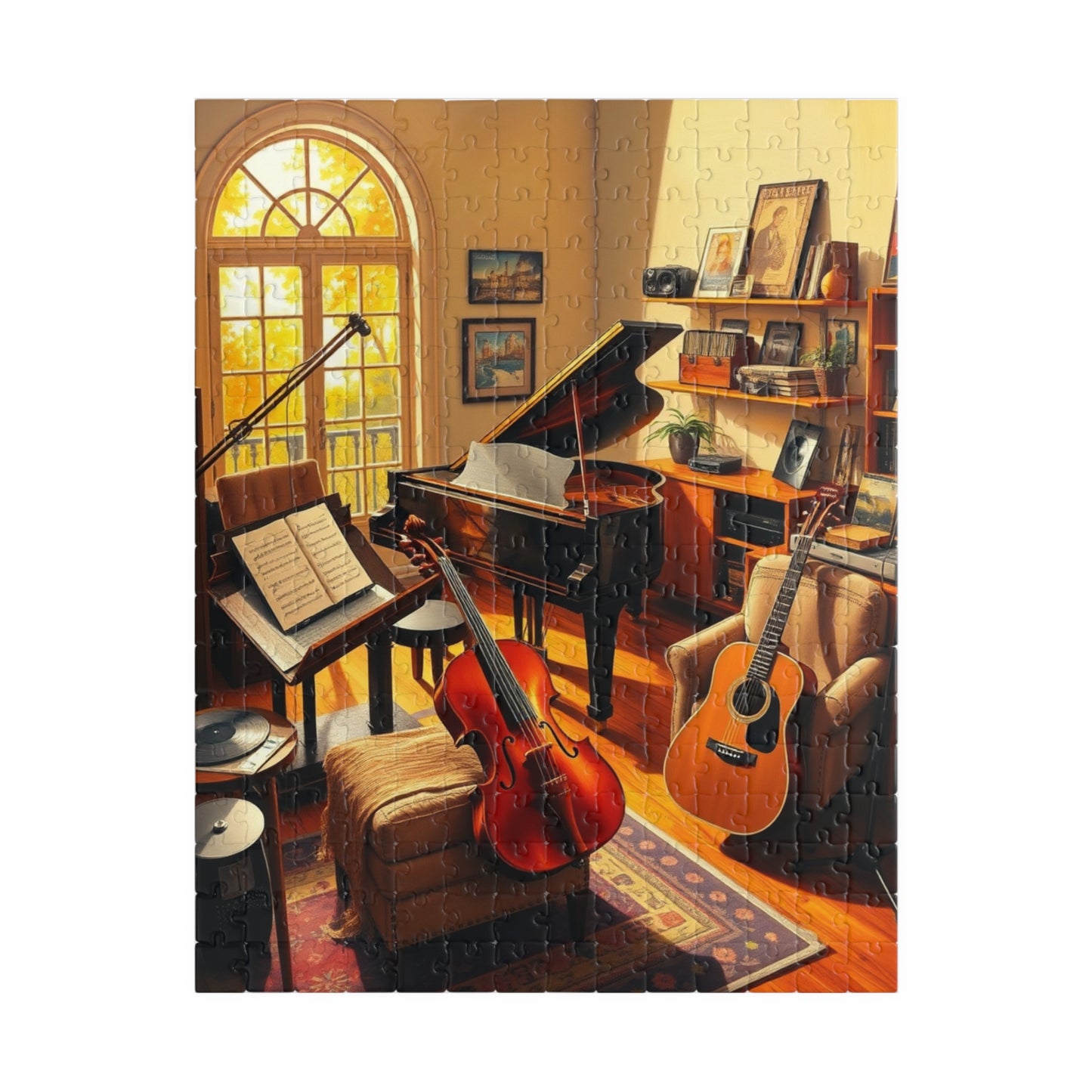 Music Room Puzzle, Grand Piano Violin Guitar and Record Player, Cozy Artistic Studio Musical Retreat Adult Jigsaw Game, Puzzle Lover Gift