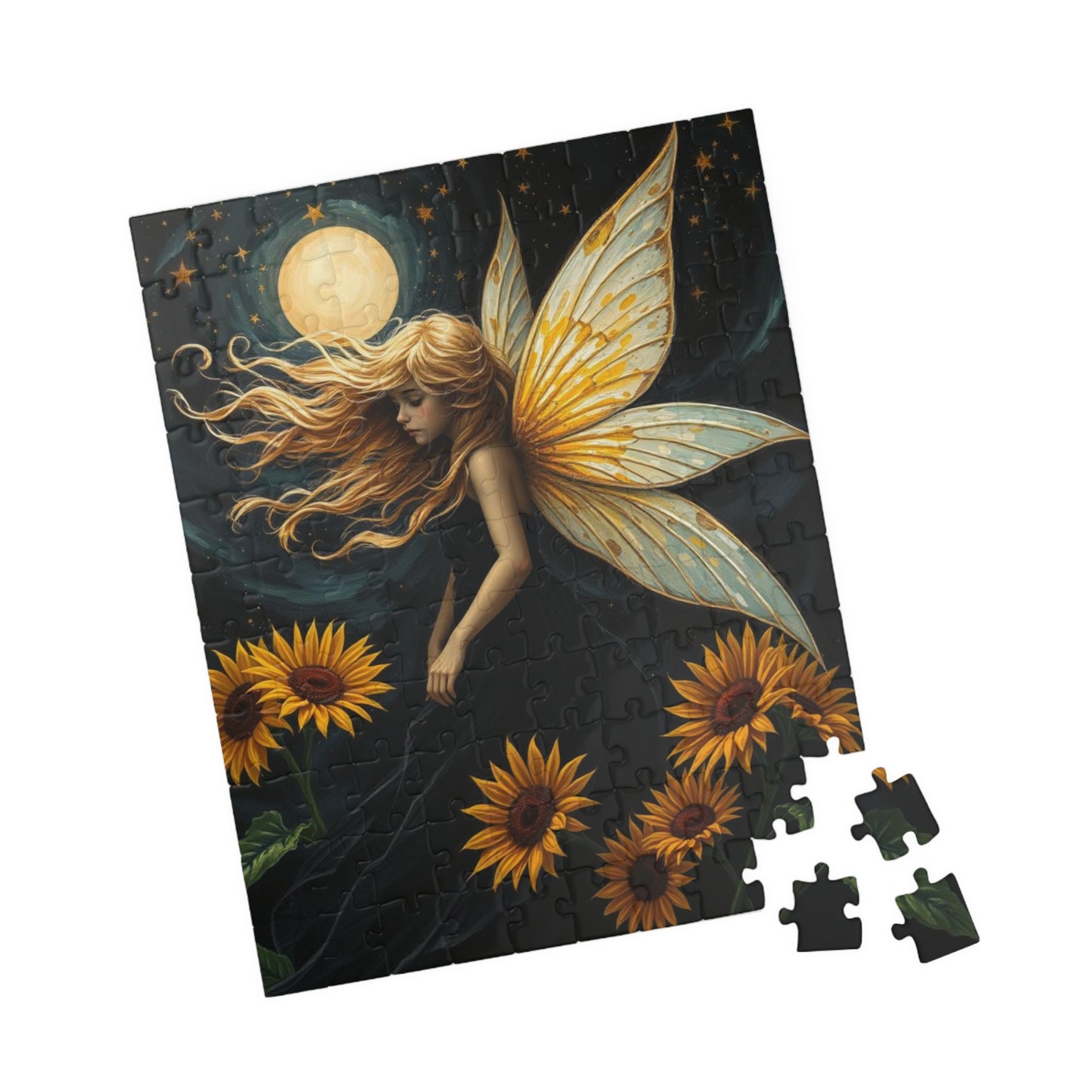 Moonlit Fairy in Sunflower Sky - Ethereal Fantasy Art Jigsaw Puzzle for Solo Fun, Unique Puzzle Lover Gift, Home Decor, Family Activity