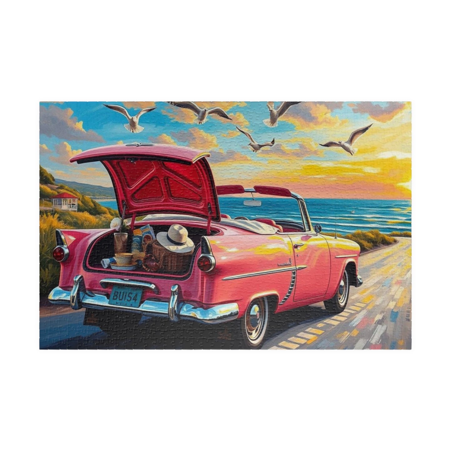 Seaside Summer Getaway Jigsaw Puzzle - Vintage Car, 110-1014 Piece Beach Theme Solo or Family Activity, Ideal Holiday Gift for Car Lover 1014 pcs (Horizontal) Puzzle The Puzzle Chest