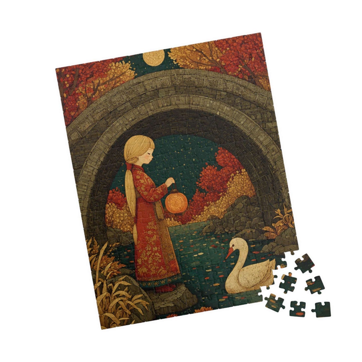 Autumn Pond Fairy-Tale Puzzle - Fall Landscape Girl and Ducklings Jigsaw Game for Family or Solo Fun, Puzzle Lover Gift, Brain Teaser 252 pcs (Vertical) Puzzle The Puzzle Chest