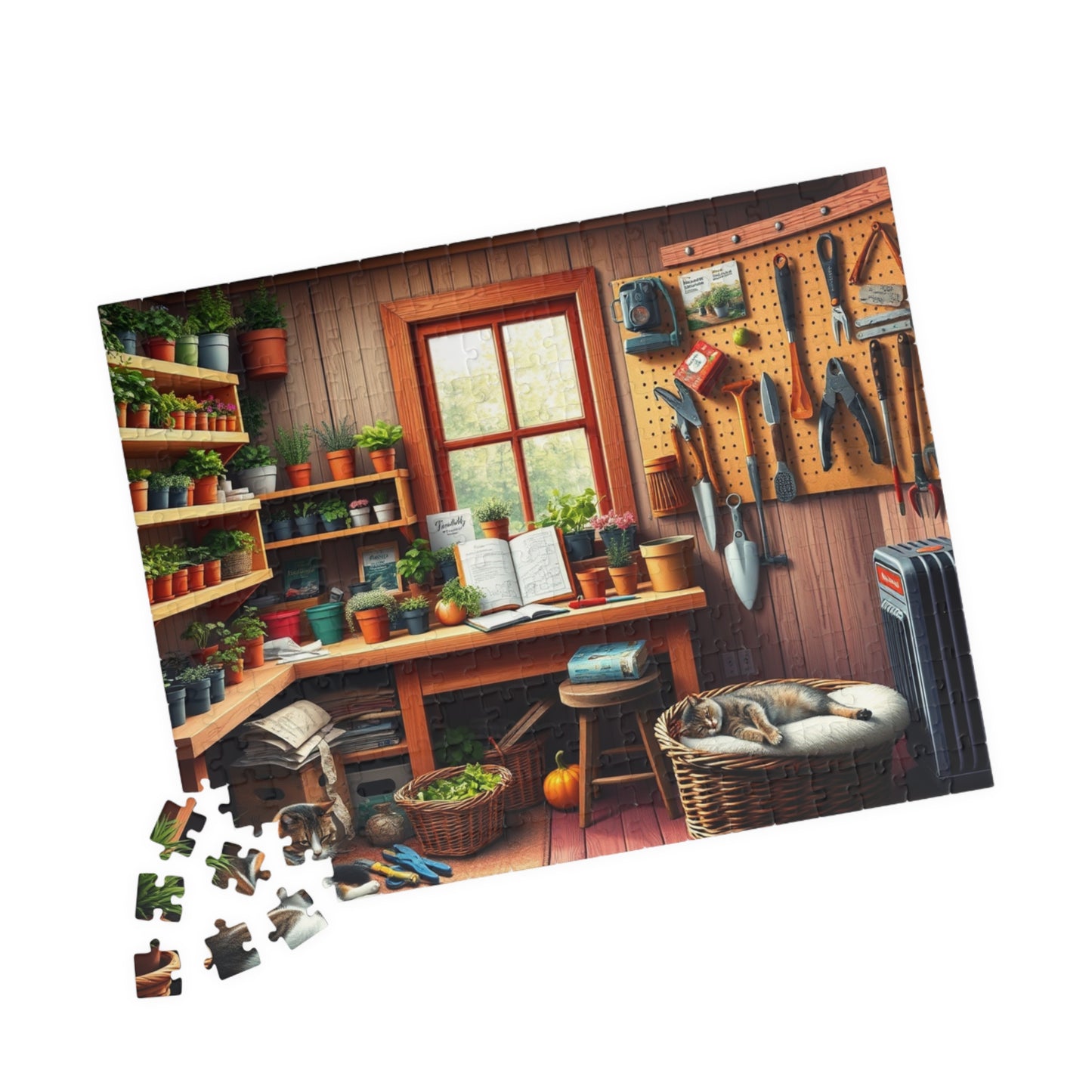 Quaint Garden Workshop Puzzle with Herbs, Tools, and Tabby Cats, Challenging Jigsaw Game, Plant Gardening Lover Best Unique Gift, Mindful Puzzle The Puzzle Chest