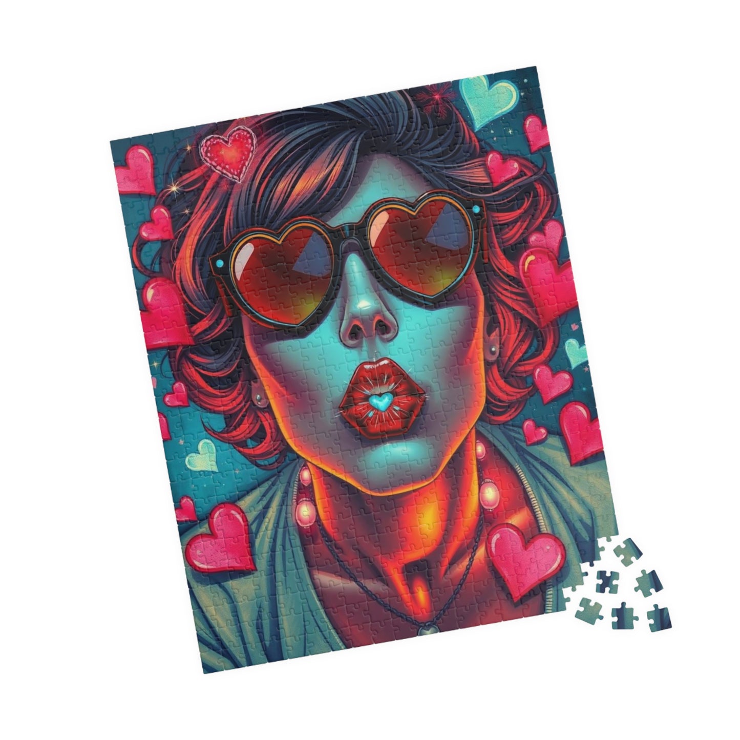 Hearts and Kisses Jigsaw Puzzle, Woman Blowing a Kiss, Comic Pop Art Nostalgic Game for Fun Gathering, Gift for Puzzle Lover, Family Night