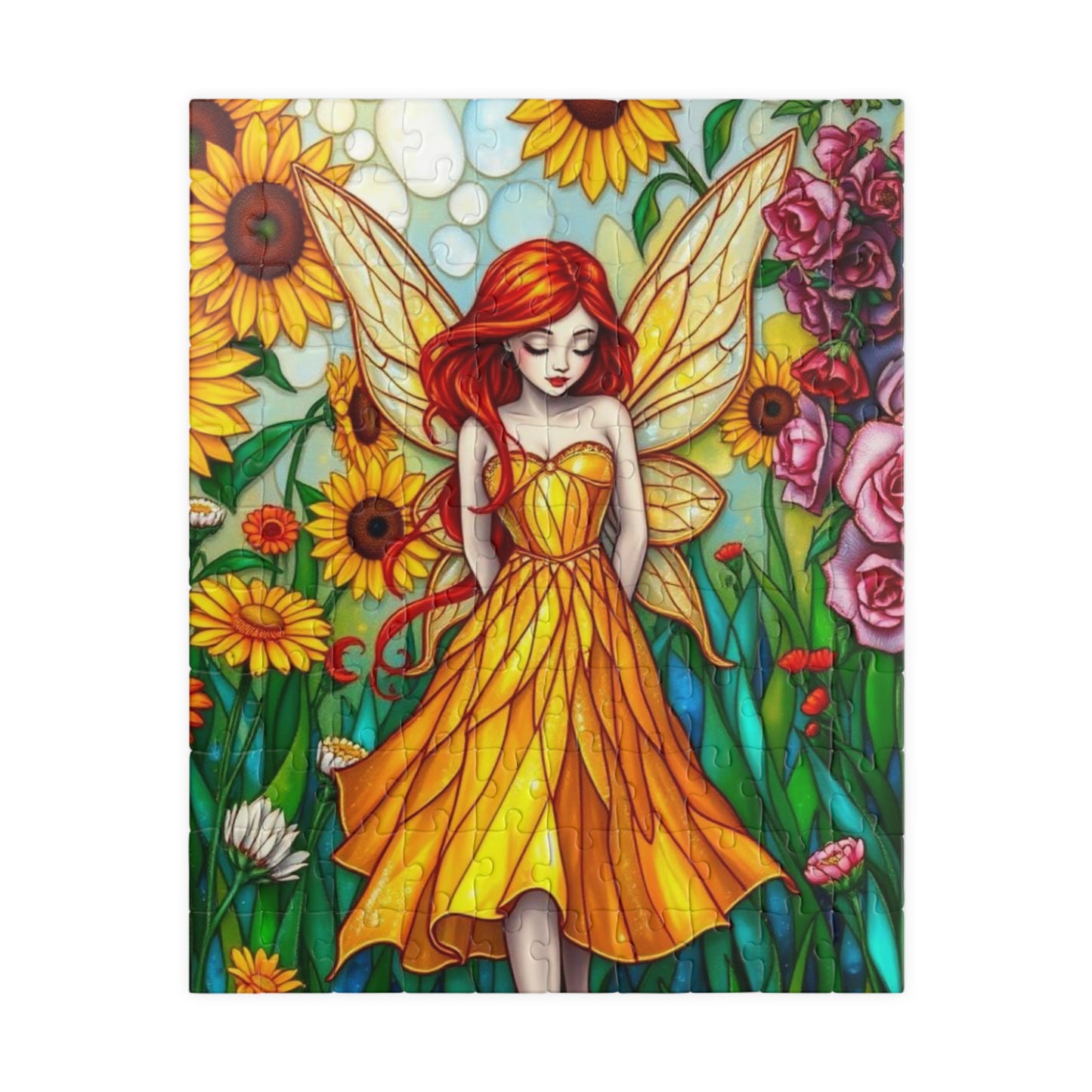 Fairy Sunflower Jigsaw Puzzle - Stained Glass Style, 110/252/520/1014-Piece, Hobby Game, Gift for Fantasy Lover Birthday Holiday