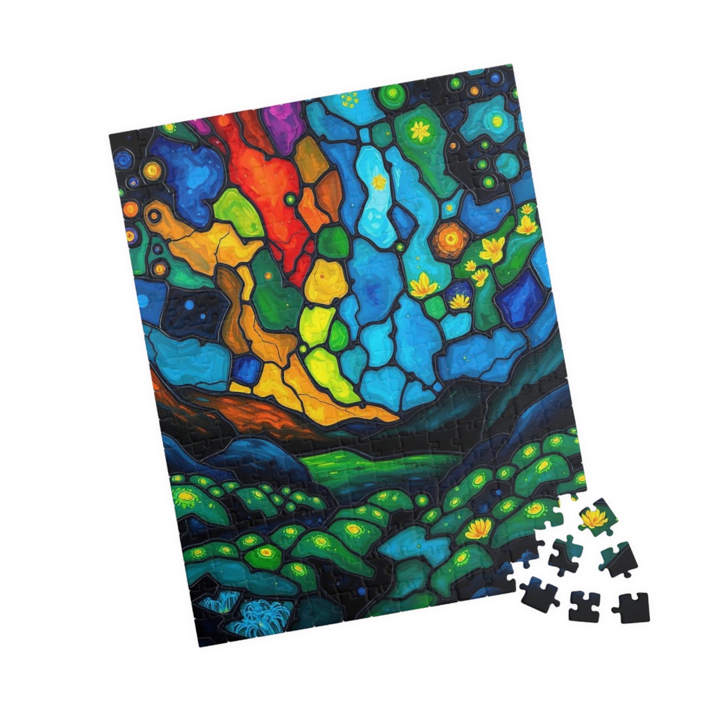 Radiant Understory Landscape Jigsaw Puzzle, Stained Glass Style Nature-Themed Abstract Puzzle for Family Fun, Gifts, Home Decor, Game Nights